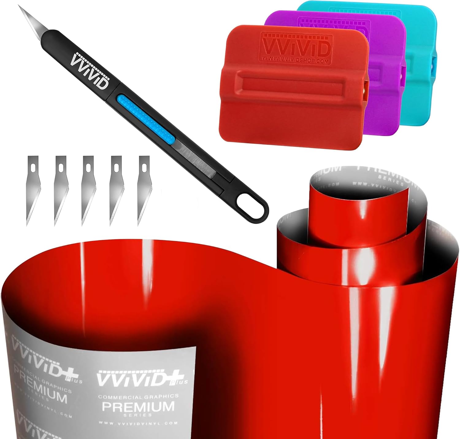 VViViD+ Ultra Gloss Racing Red Automotive Vinyl Wrap (6ft x 5ft) + Magnetic Squeegees 3pcs (Hard, Medium and Soft) + Precision Gliding Knife with 10 Replacement Blades Bundle - M0