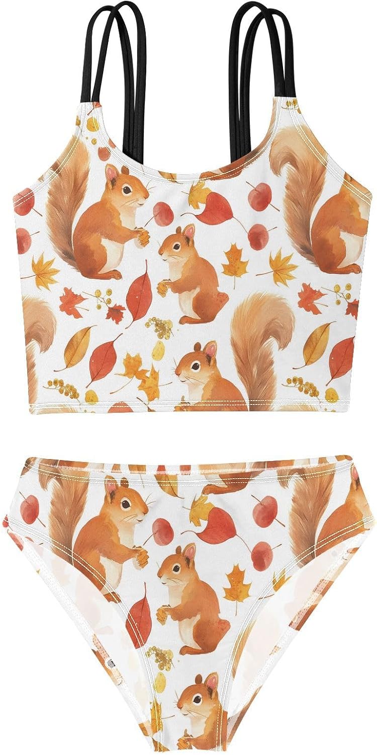 visesunny Girls Two Piece Swimsuits Cute Squirrel Maple Leaf Girl's Bikini Sets Bathing Suits for Girls Size 5-12Y