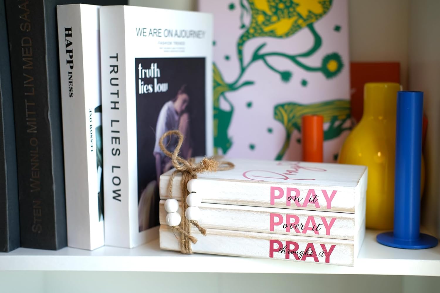 LIVDUCOT Pink Wood Book Stack Pray Christian Home Decor for Women - Wooden Block Sign Table Decoration - Inspiration Prayer Office Decor Religious Gift