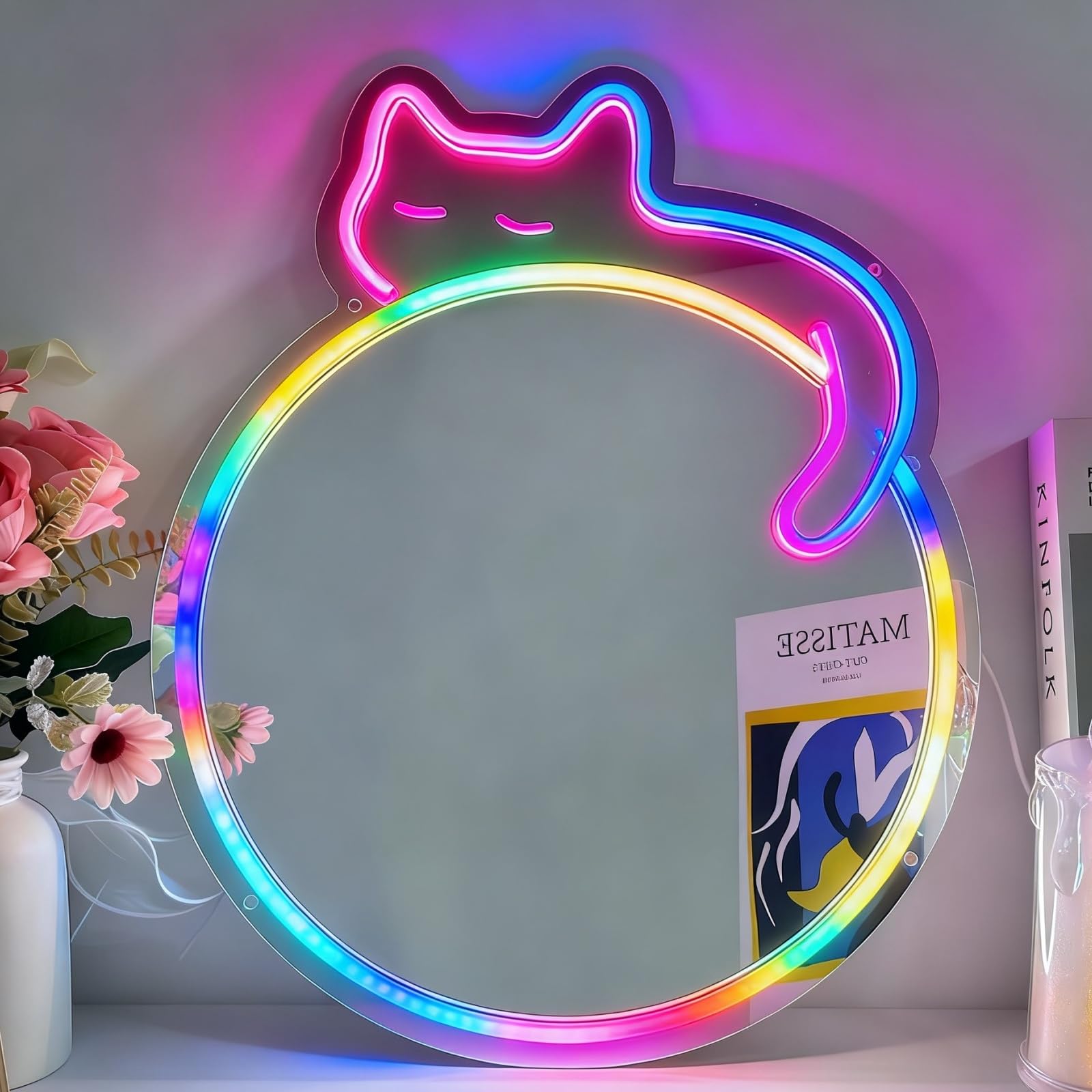 Cat RGB Neon Sign Mirror - Wedding Home Decor Wall Art Light for Bedroom Living Room Dressing Room Party Decorations