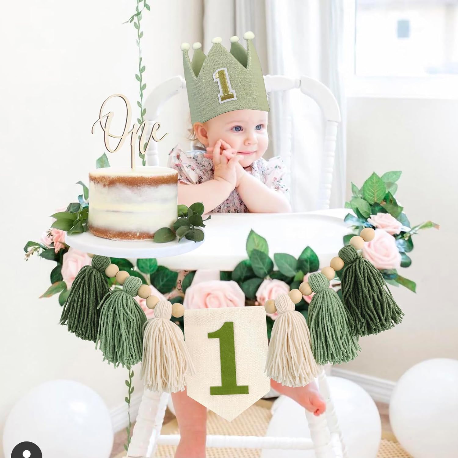 Handmade Boho 1st Birthday High Chair Banner Boho 1st Birthday Hat Decorations Party for Girl Baby Shower Green Wall Hangings Decorative for Kids Bedroom
