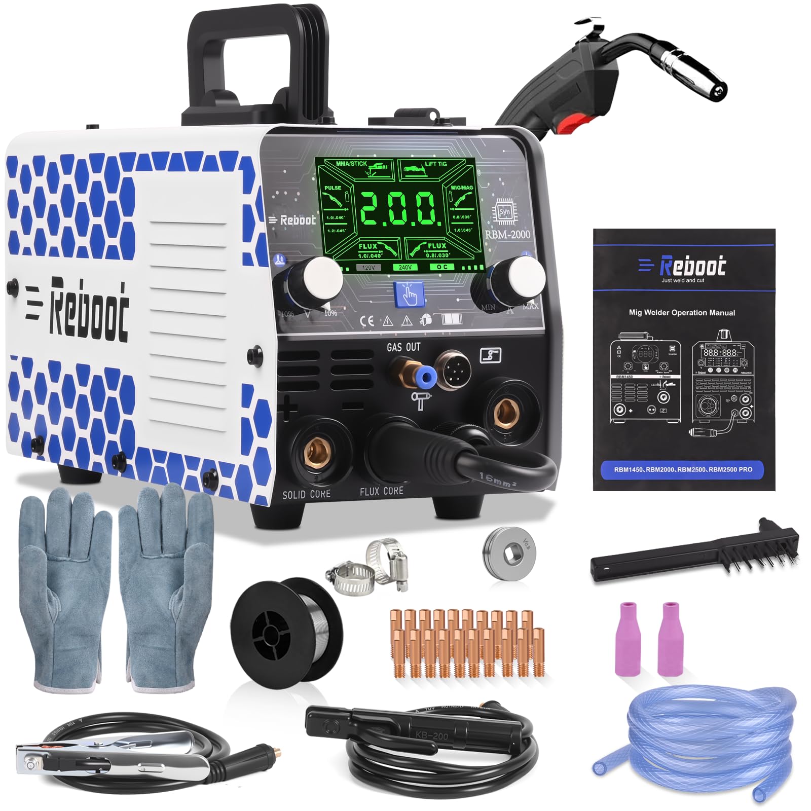 Reboot MIG Welder 5 in 1 200A Synergistic - MIG MAG with/without Gas, Lift TIG, MMA, Points - Aluminium Welding - 240V Portable for DIY Workshop - RBM2000G