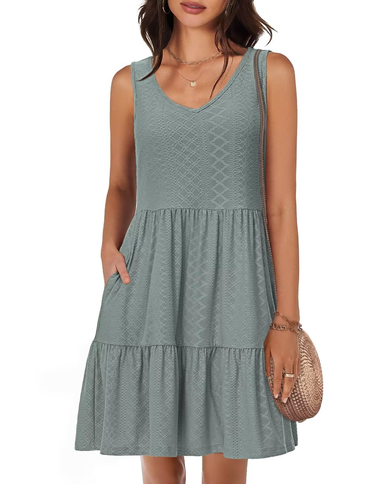 Tanmolo Sommerkleid Damen Knielang,V-Ausschnitt Taschen | Kleid Damen Sommer Kurz, Strandkleid, ärmellos. Swing, elastisch, Knielang, Taschen, V-Ausschnitt. Urlaub