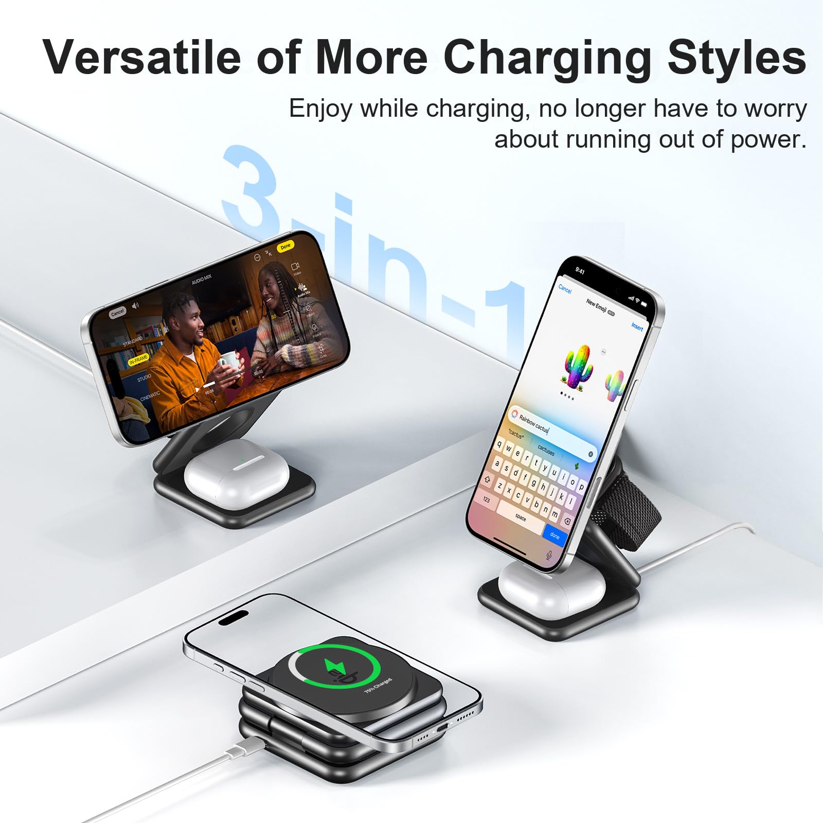 KU XIU X40Q Caricatore Wireless Magnetico Qi2 15W, Stazione di Ricarica Pieghevole 3-in-1 per iPhone 16/15/14/13/12, 5W per Apple Watch 10/9/Ultra/SE/8/7/6/5/4 - Nero