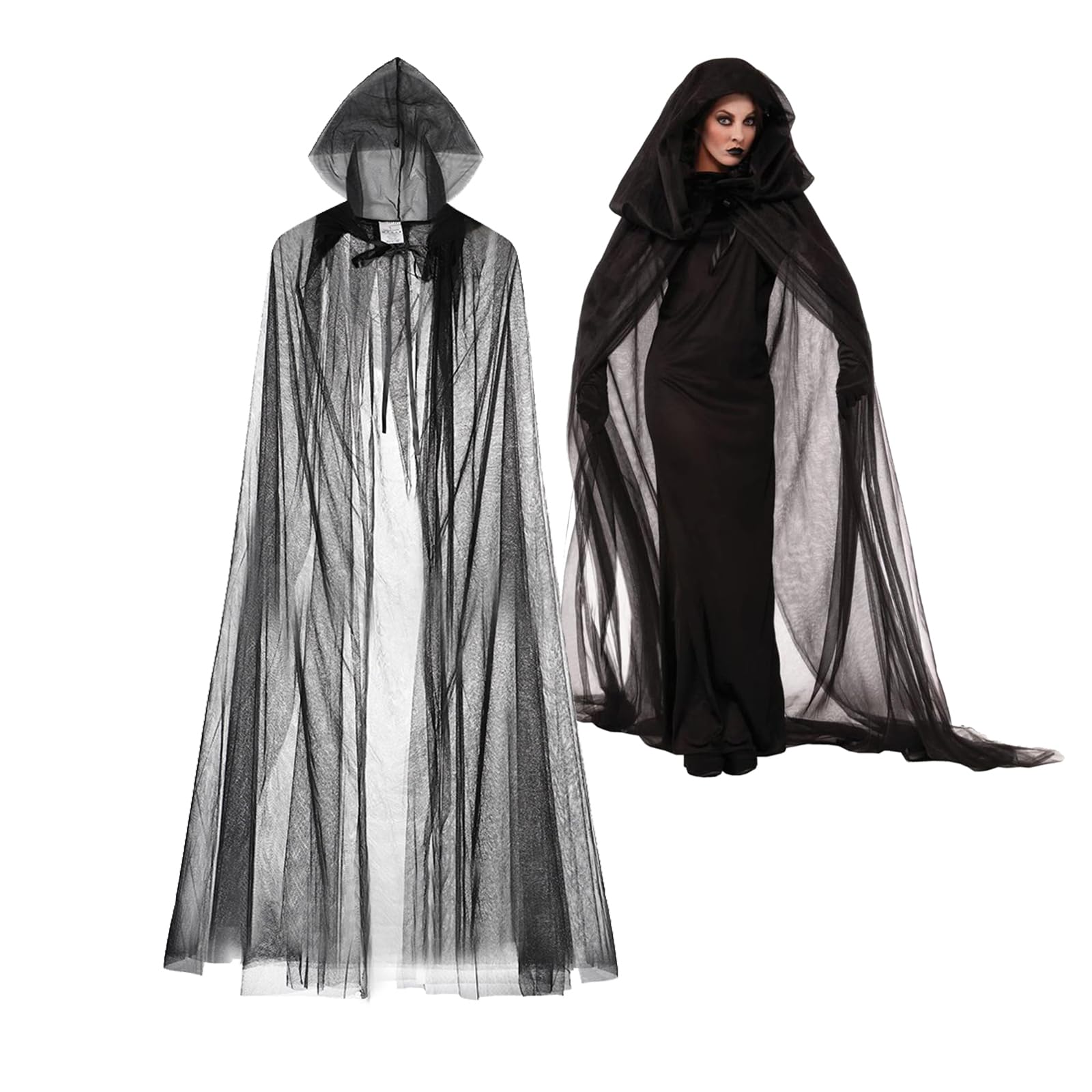 Adult Halloween Costume Full Length Tulle Hooded Cloak Ghost Bride Witch Wizard Fancy Dress Mesh Cape Vintage Vampire Bridal Gothic Sheer Hoodies Robe Medieval Devil Dress Up Cosplay Poncho Cloak