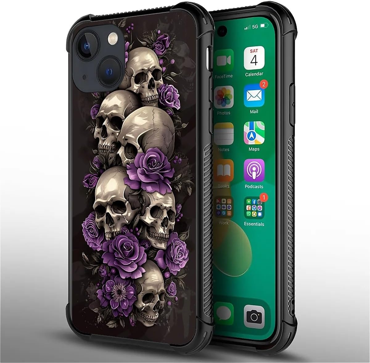for iPhone 14 Case, Shockproof Protective for Man Women Non-Slip for iPhone 14 Illustration Scary Skulls Purple Roses Crazy Pattern - Image 2