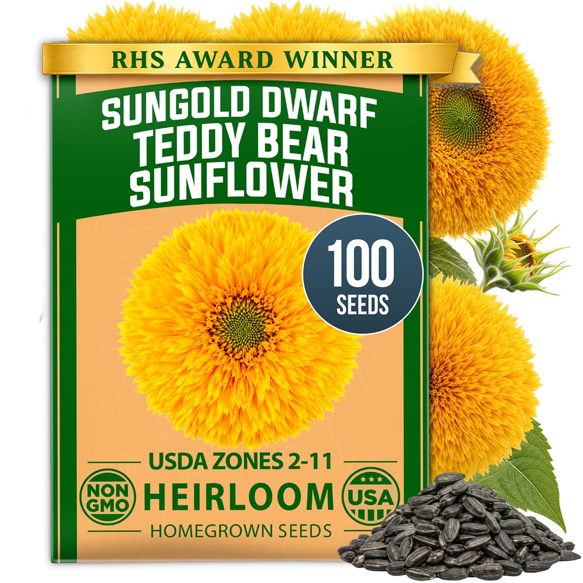 HOME GROWN Dwarf Sunflower Seeds, Teddy Bear, 100 Seeds, Helianthus annuus