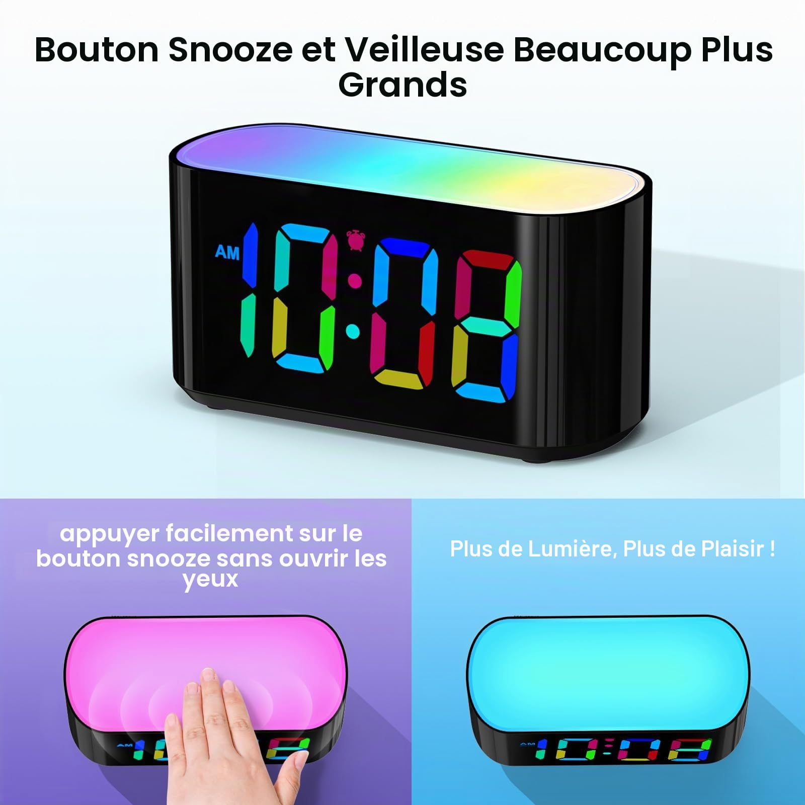 DOUMOSH Réveil pour enfants avec veilleuse RVB, variateur de luminosité 0-100%, écran coloré, réveil numérique pour débutants scolaires