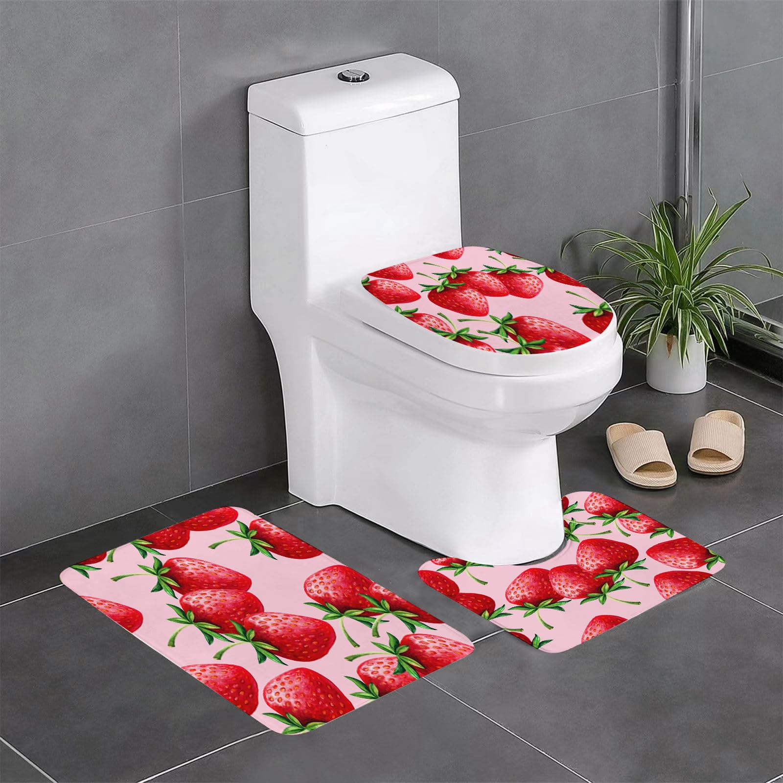 Set di 3 tappetini da Bagno, Lavabili in Lavatrice e Antiscivolo, in Morbida Fibra Superfine, con Motivo a Fragole Disegnato a Mano su Sfondo Rosa.