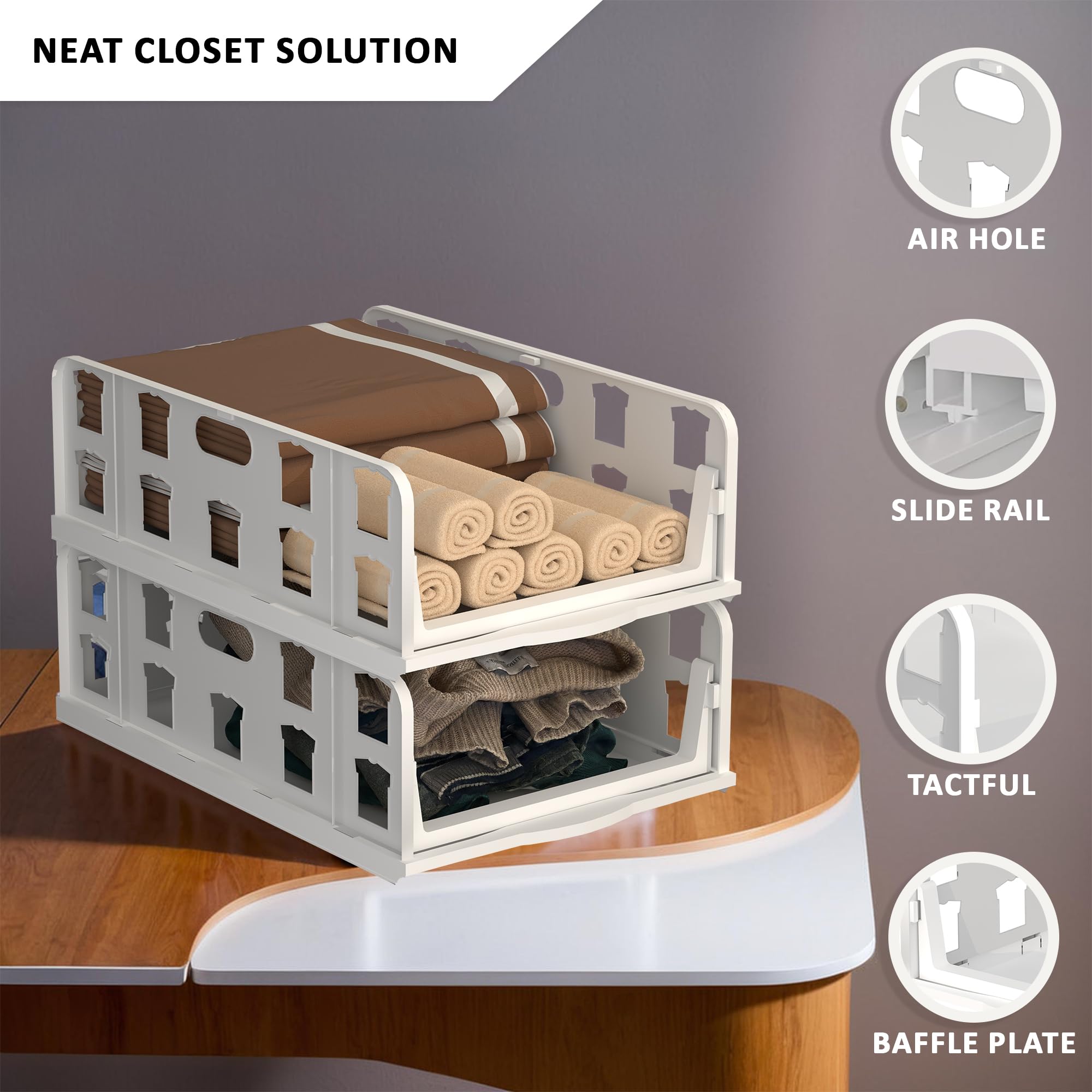 RUBOXA 4 Pcs Set Foldable Tshirt & Jeans Dress Storage Organizer | Slide Out Clothes Wardrobe Organizer | Cloth Organiser for Almirah, Cupboard & Drawer Box Closet | White 2
