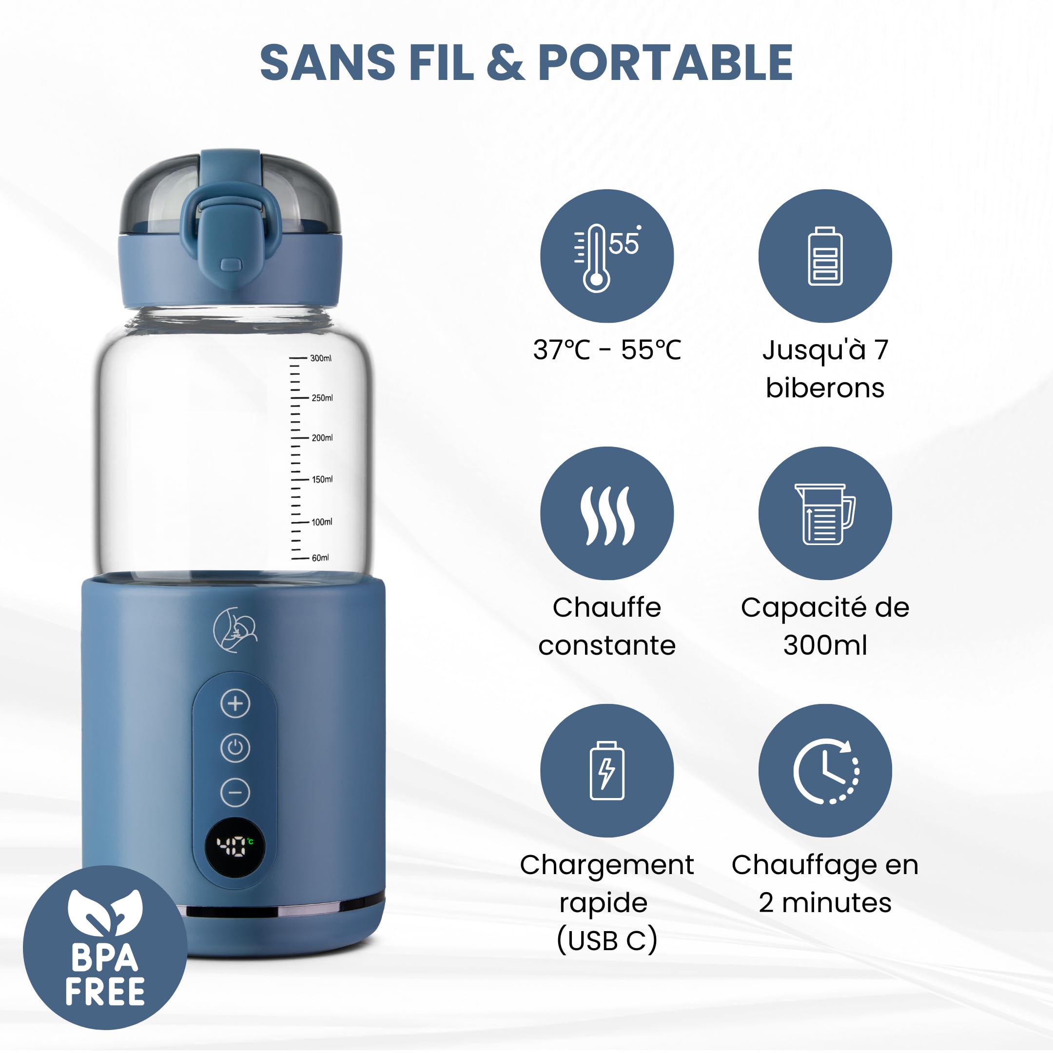 Chauffe Biberon Nomade et Portable, Chauffe Biberon Voiture pour Mères, Chauffe Rapide, Chauffe-Lait BPA Gratuit, Chauffage Rapide et Recharge Rapide - MyBabyBottle Bleu