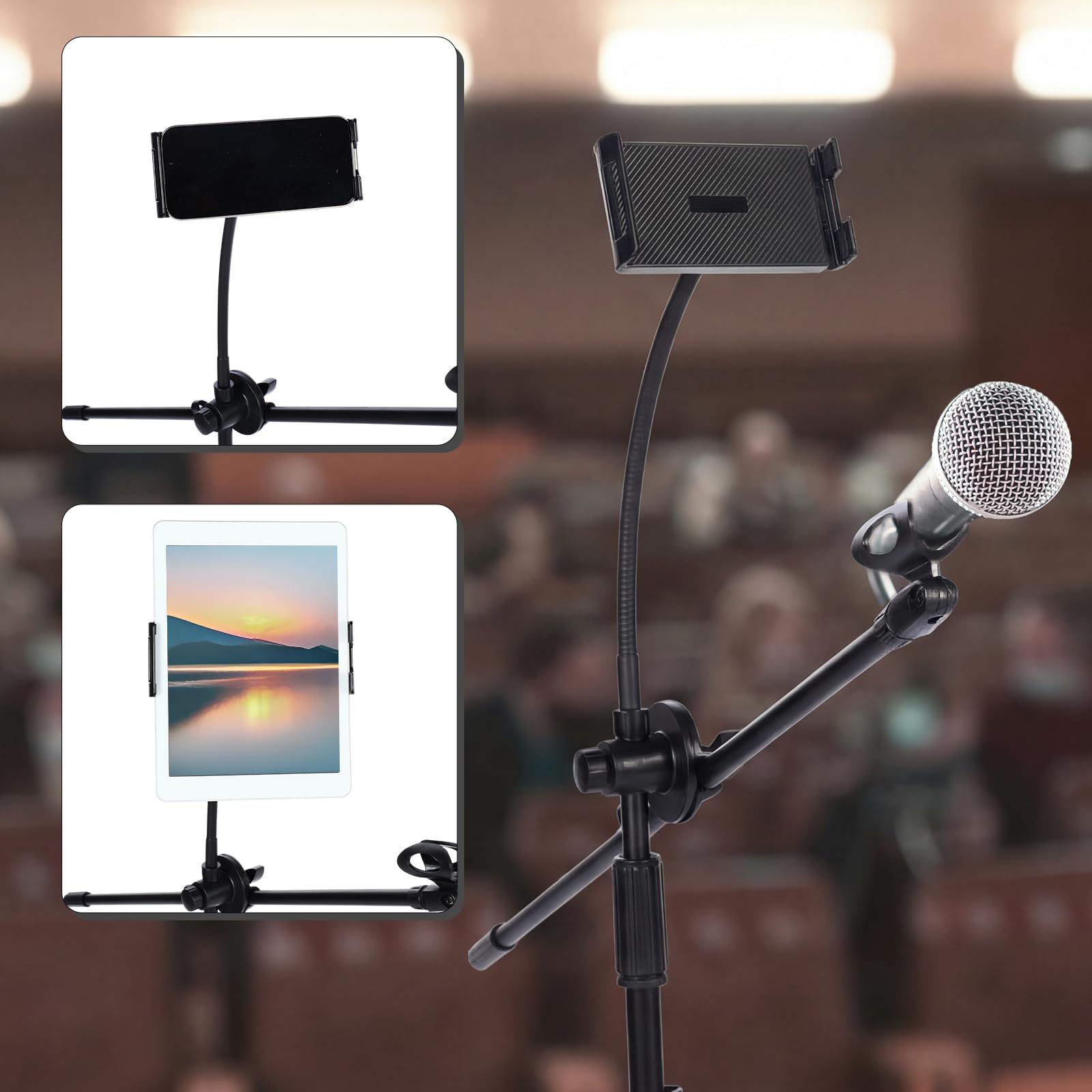 Sherr Mikrofonständer, Galgen, höhenverstellbar, mit Doppelclip, faltbar, universal, strapazierfähig, für Livestream-Singbühne (Mikrofon mit Tablet-Halterung)