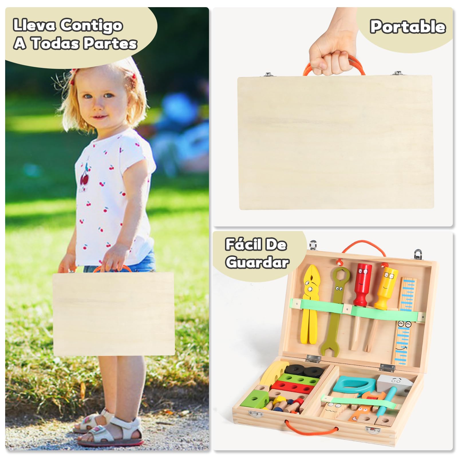 TONZE Caja Herramientas Juguetes Niños 3 Años Juguetes Madera Juegos Educativos 3 Años Regalo Niña 3 4 5 Años Bricolaje Construcciones Juguete Manualidades Maletin Herramientas (35 Piezas)