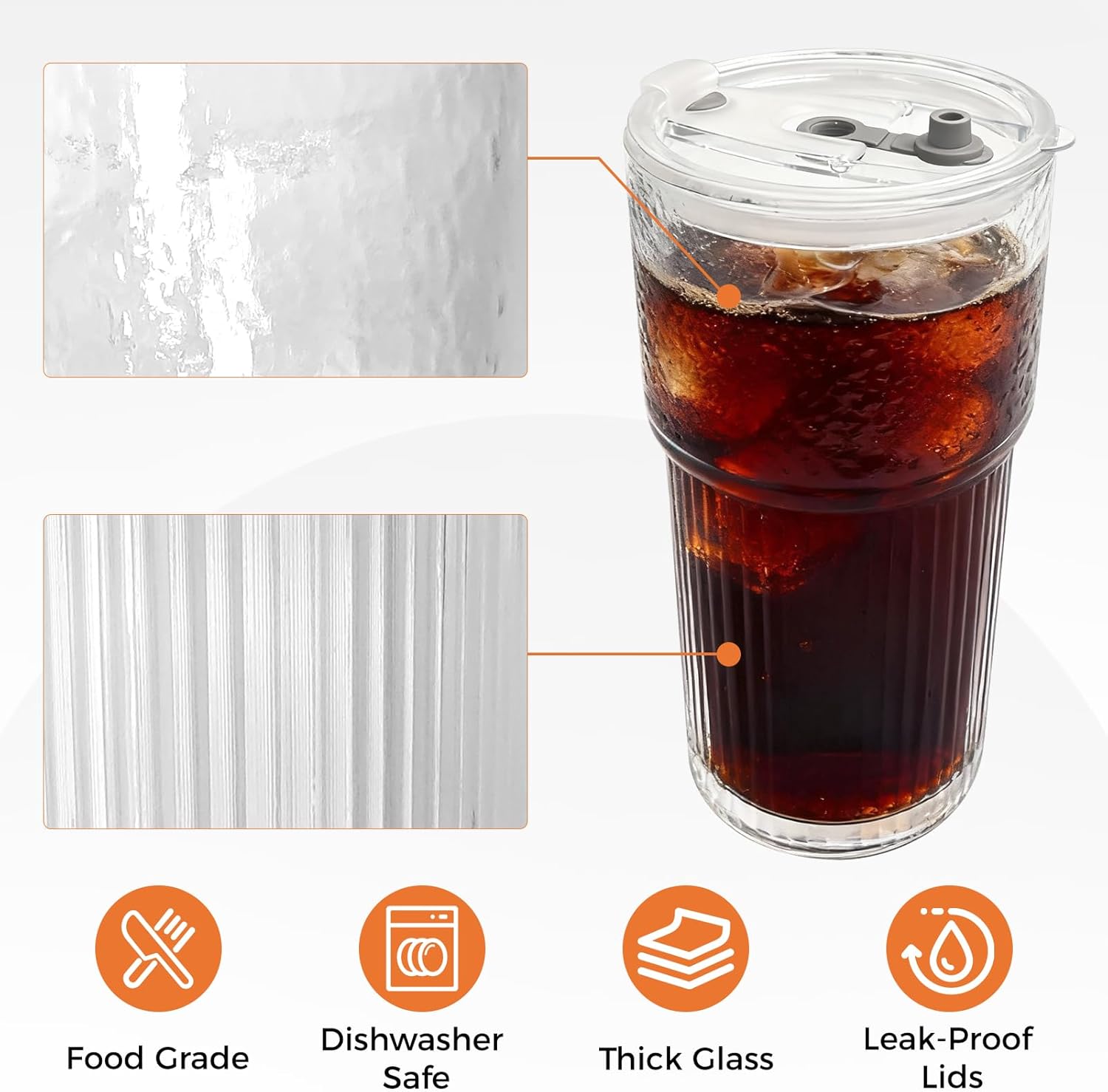2 Pack Glass Tumblers with Lids and Straws, 20oz Iced Coffee Cups with Lids Reusable for Juices, Smoothies, Cocktail, Beer, Tea and Latte - Ribbed Design & Thick Glass - Image 4