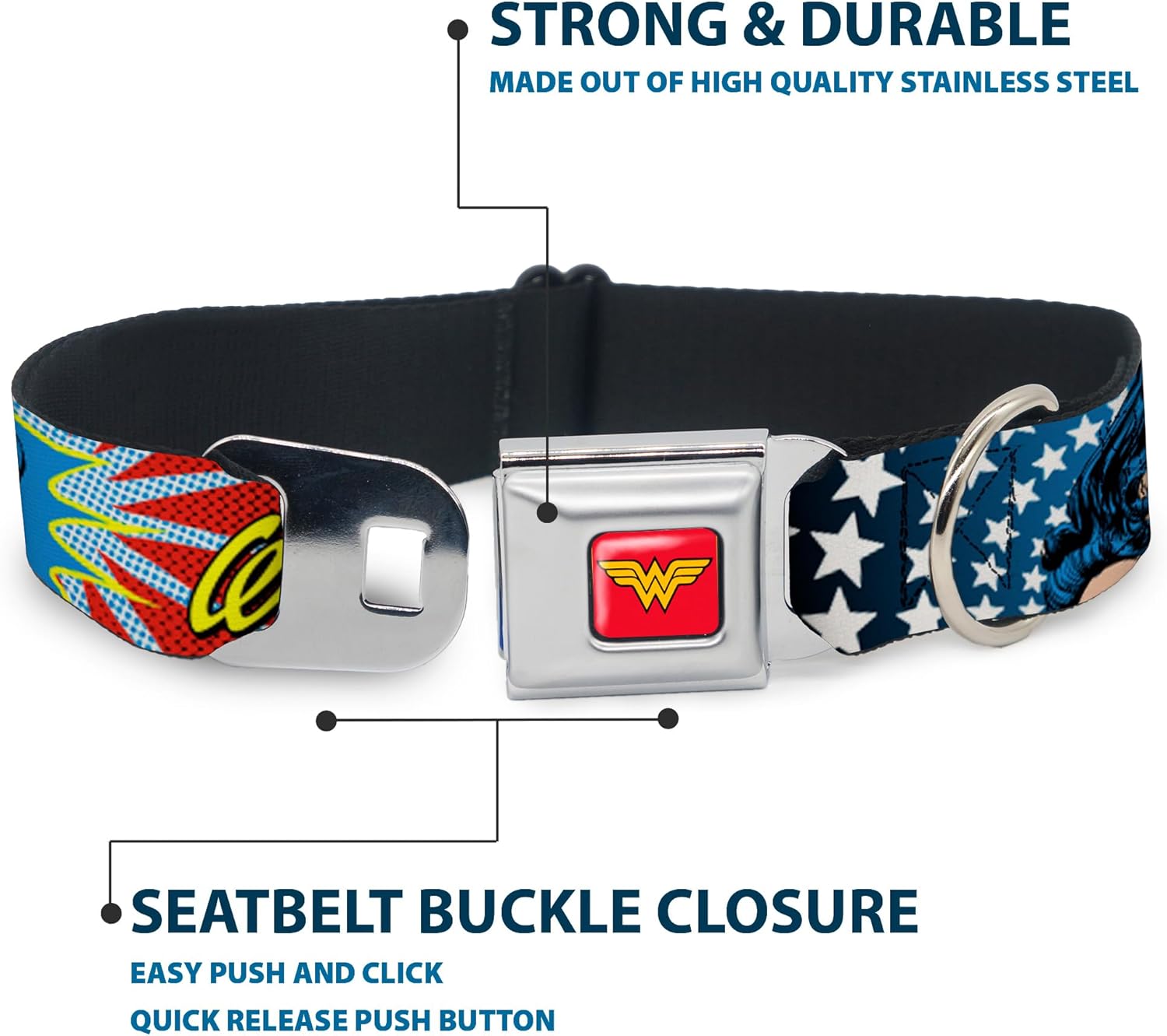 Buckle-Down Seatbelt Buckle Dog Collar - Wonder Woman Face w/Stars - 1" Wide - Fits 9-15" Neck - Small