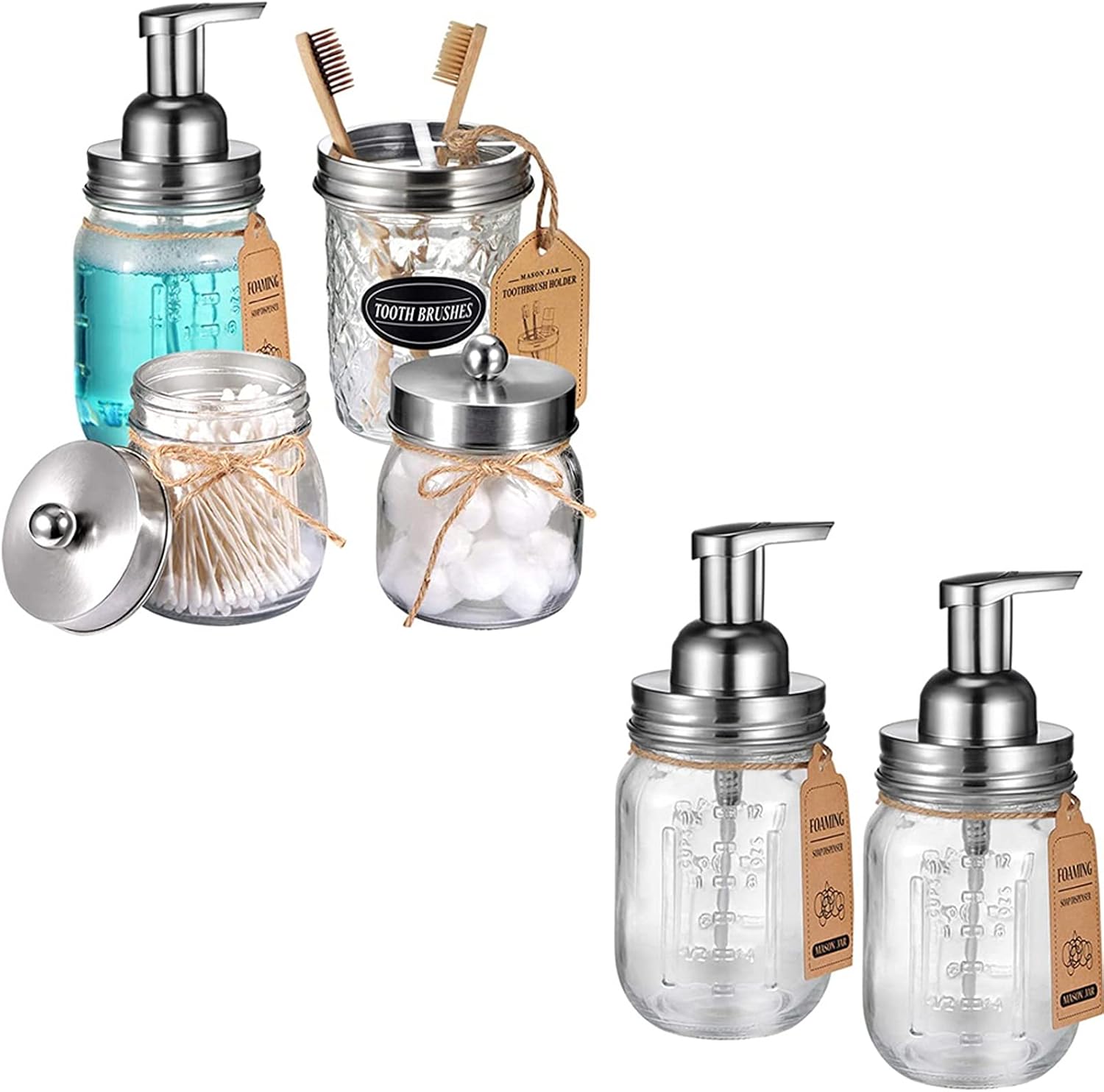 4PCS & 2pcs Brushed Nickel Mason Jar Bathroom Accessories Set-3pcs Foaming Soap Dispenser & 2pcs Cotton Swab Holder &1pcs Toothbrush Holder,Waterproof Stickers,Rustic Farmhouse Decor