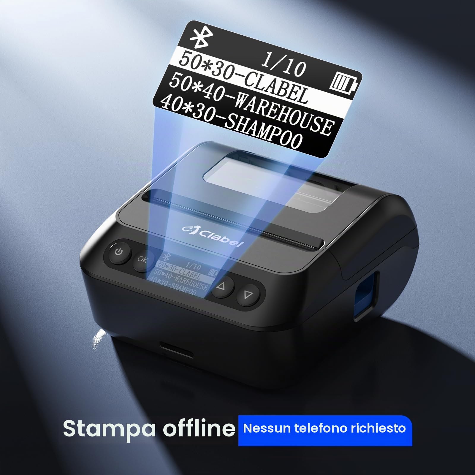 CLABEL 320B Stampante Termica per Etichette Bluetooth, 3" Etichettatrice | Etichette di Terze parti 25-75mm, Stampa offline, iOS Android PC, 2200mAh, Prezzi Codici a Barre Ufficio Negozio Scuola