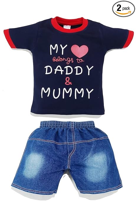 JUSFAB Infant wear Printed Kidswear Baby Boy Girl Clothes Navy Blue Tshirt Top Denim Pants Combo for 12-18 Months MLMD-NVY_A