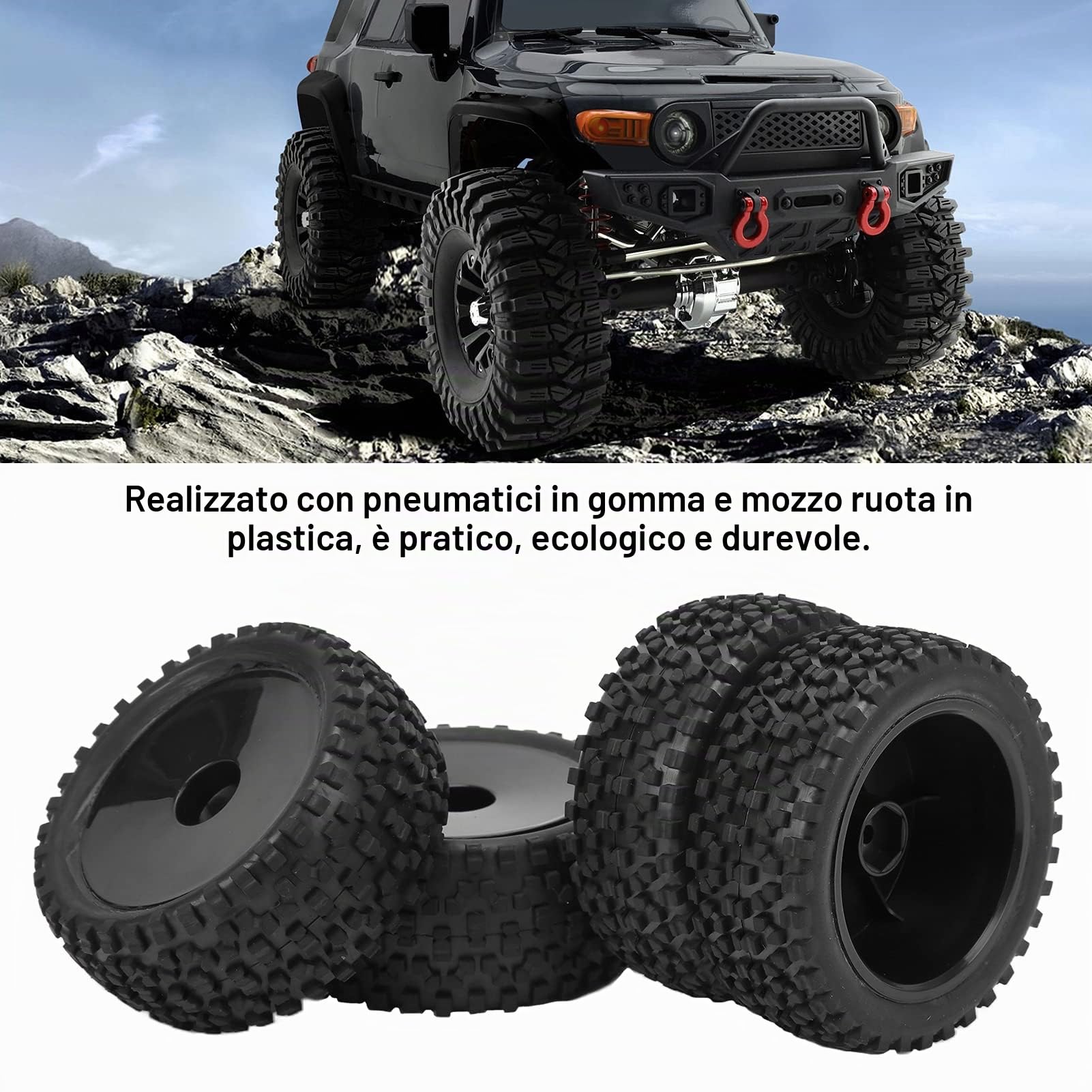 Pneumatici per Ruote RC, 4 Pneumatici Posteriori Anteriori RC e Ruote con Esagono da 12 Mm per Parti di Aggiornamento per Auto Fuoristrada 1/10 RC(Nero)Accessori per automodelli