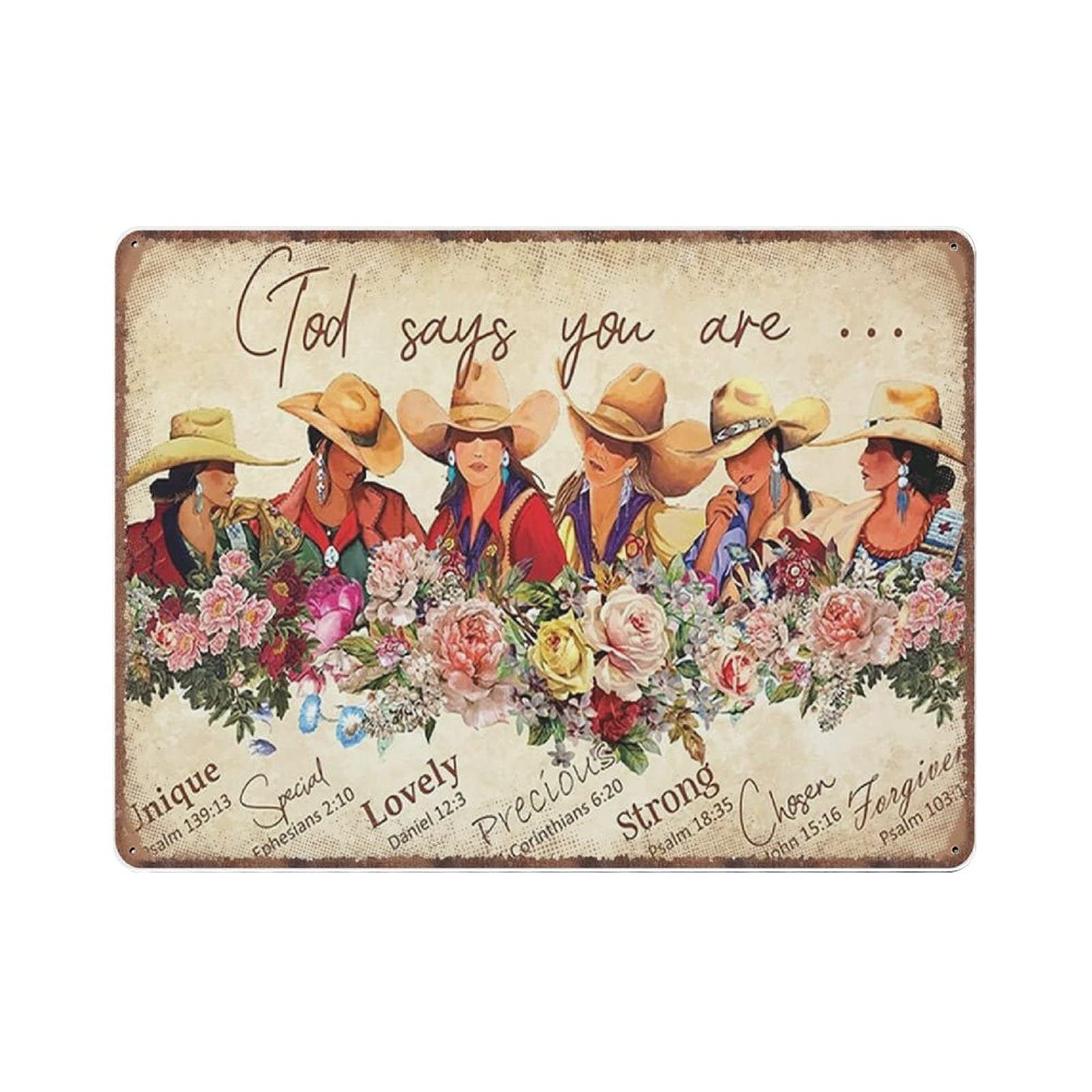 rayprint God Says You Are Unique Cowgirl And Flowers Father's Day Mother's Day Tin Signs Funny Metal Sign Vintage Poster Wall Art for Kitchen Garden Bathroom Farm Home Decor Tin Sign, 30x40 cm