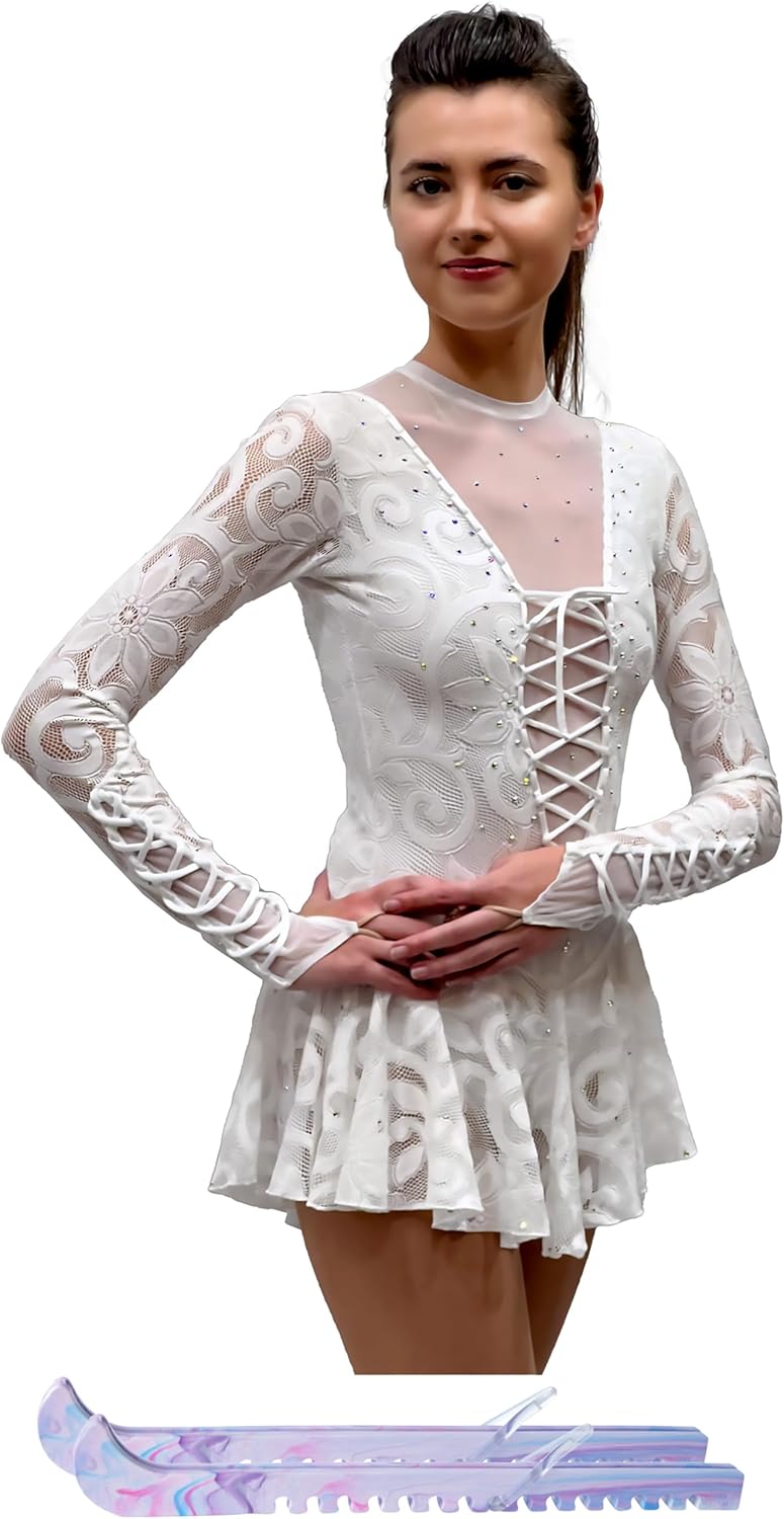 Figure Skating Dress/Bundle with Skate Guards/Italian Fabric, Made in Europe Style: A12 / White/Size: Large