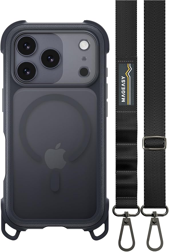 【MagEasy】 iPhone 17 Pro 対応 ケース クリア ショルダー ストラップ MagSafe 対応 耐衝撃 スマホケース マグセーフ 透明 頑丈 ショルダーケース [ iPhone17Pro アイフォン17Pro 対応 携帯ケース ] Odyssey +Strap M C レザレットミッドナイト/ブラック