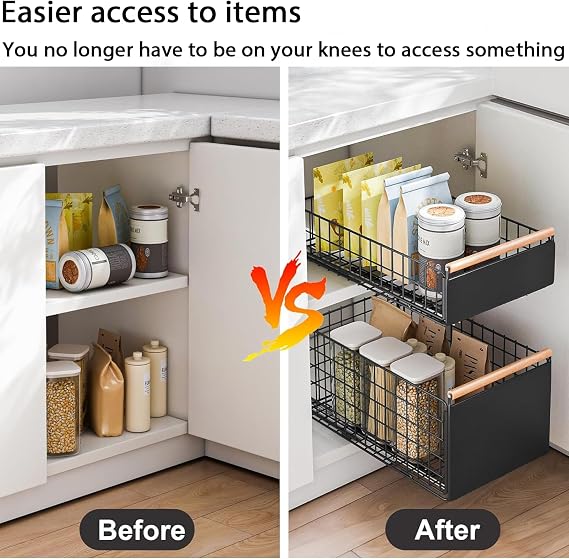 Pull Out Drawers for Kitchen, Pull Out Drawer Cabinet Deeper Kitchen Cabinet with Drawer Runners and Wooden Handle, Metal Pull Out Drawers for Cabinets - 40L x 24W x 19.5H CM
