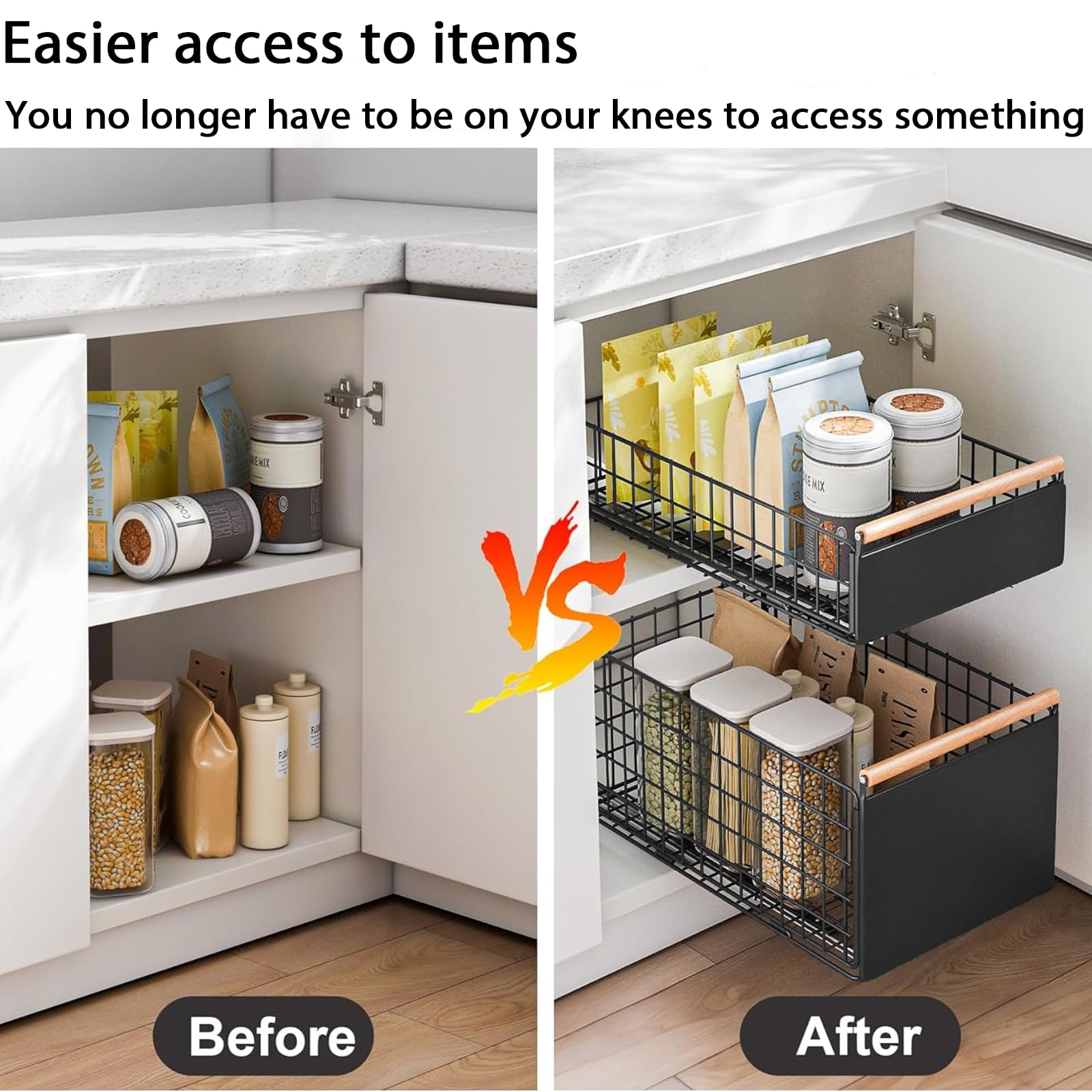 2 Stück Teleskopschublade Ausziehbare Schublade Küche, Tiefere Schubladen organizer Mit Schubladenschienen und Holzgriff, Metall Pull Out Drawer für Küchenschränke - (40L x 24B x 19,5H CM)Ohne Bohren
