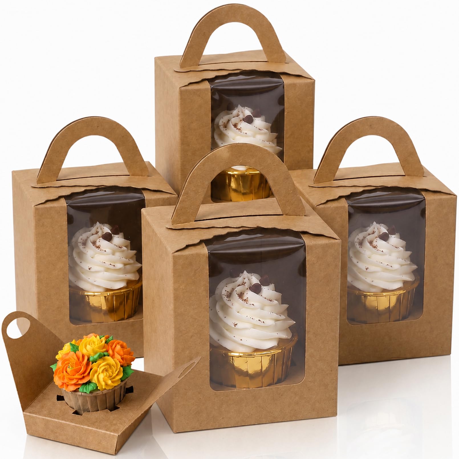 IJRPLM 100 Pack Cupcake Boxes Individual, 3.7 x 3.7 x 4.3 In Brown Kraft Single Cupcake Container with Window Handles, Disposable Paper Packaging Cupcakes Box with Insert for Muffin Pastry Cocoa Bomb