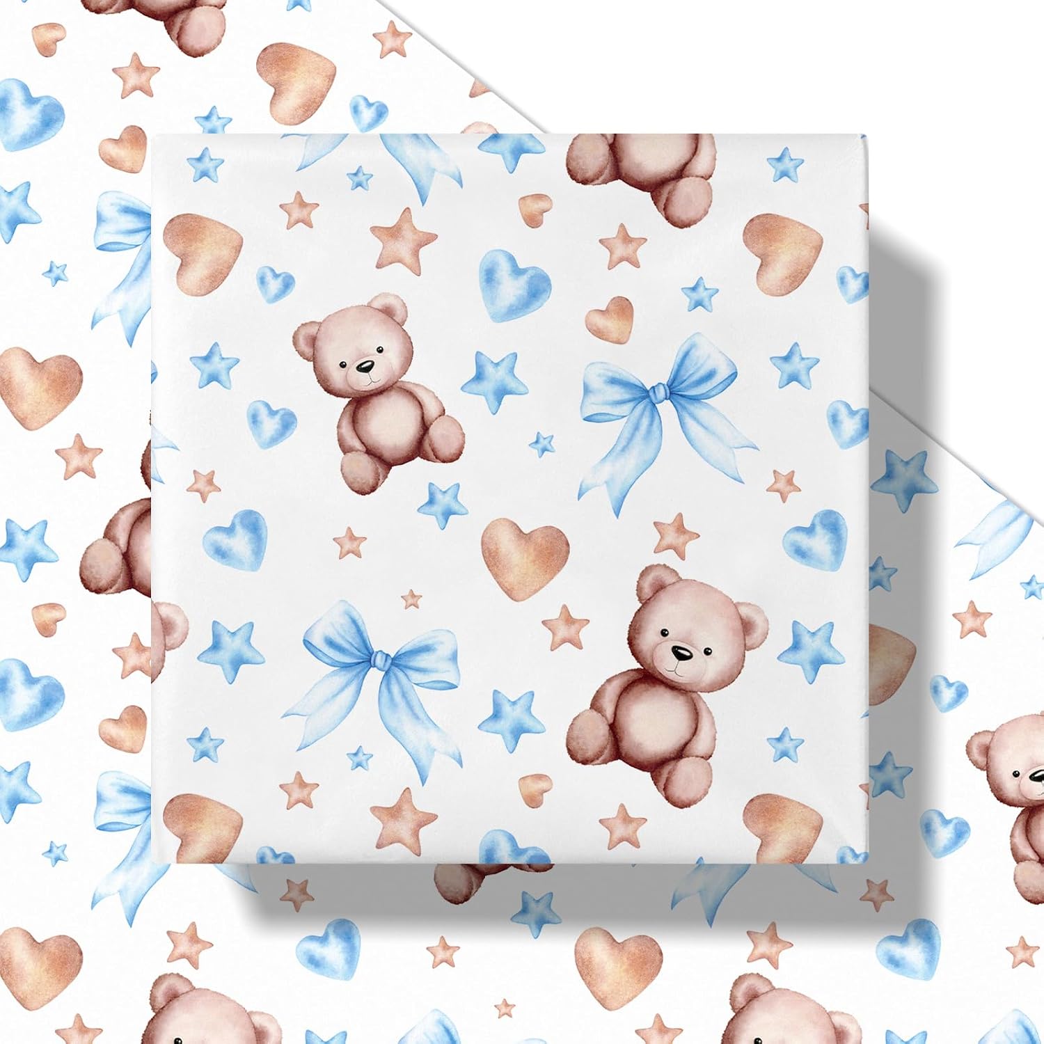 RUSPEPA Bear Bow Wrapping Paper Roll for Baby Boy, Mini Roll, Blue Bear with Heart, Bow and Star Gift Wrap Paper for Baby Shower, Birthday and Special Occasions, 17 Inches x 16.4 Feet