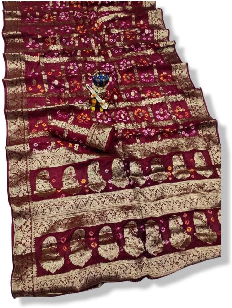 PK HUBWomen's Bandhej Banarasi Silk Zari Work Saree with Running Blouse (Saree - 5.5 Meter & Blouse - 0.80 Meter)(Saree Come without Roll Press & Small Holes May Come Due to Hand Die Bandhej)