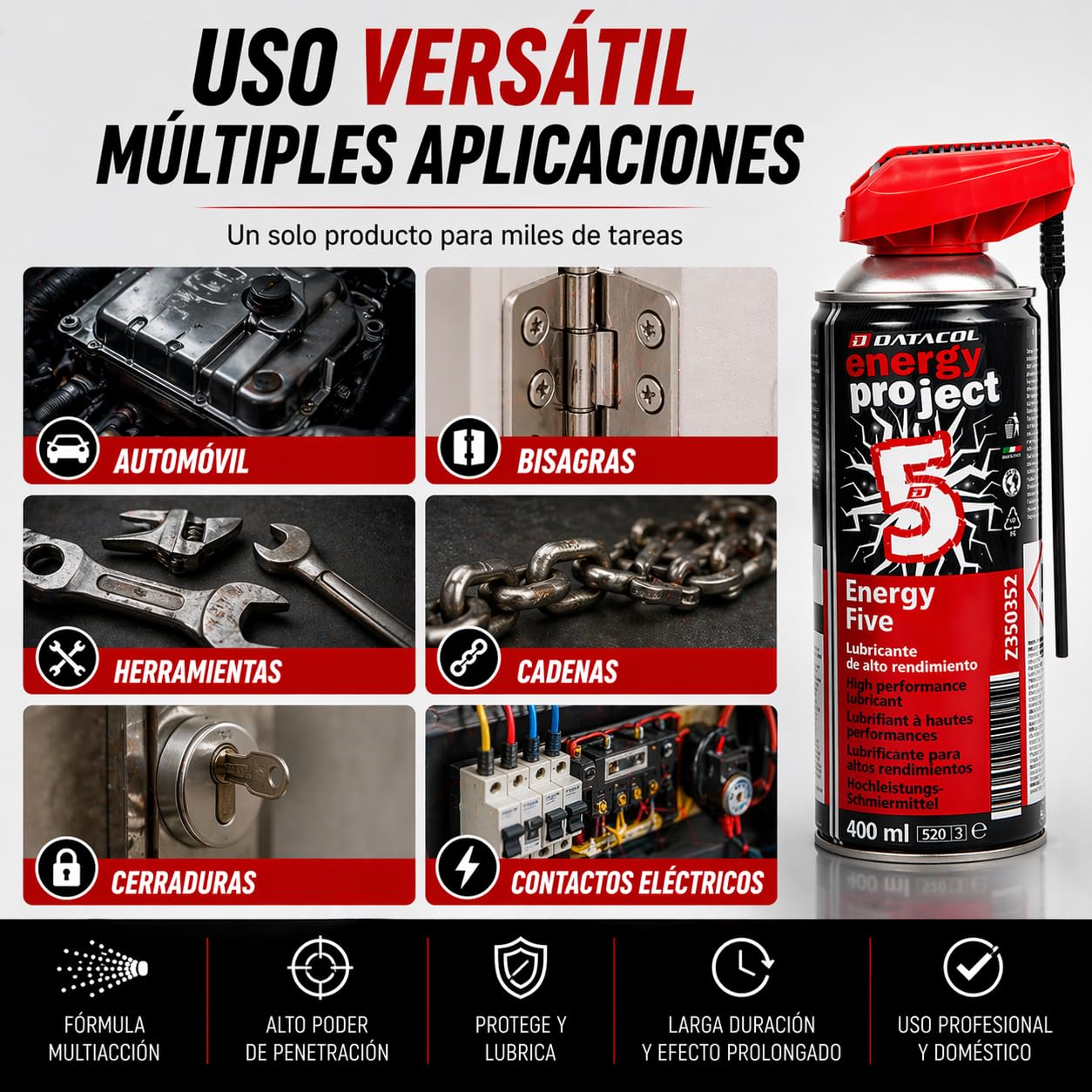 Datacol lubricante spray multiuso 5 en 1, aflojatodo de alto rendimiento y larga duración, elimina óxido y protege contra corrosión, 400 ml (4)