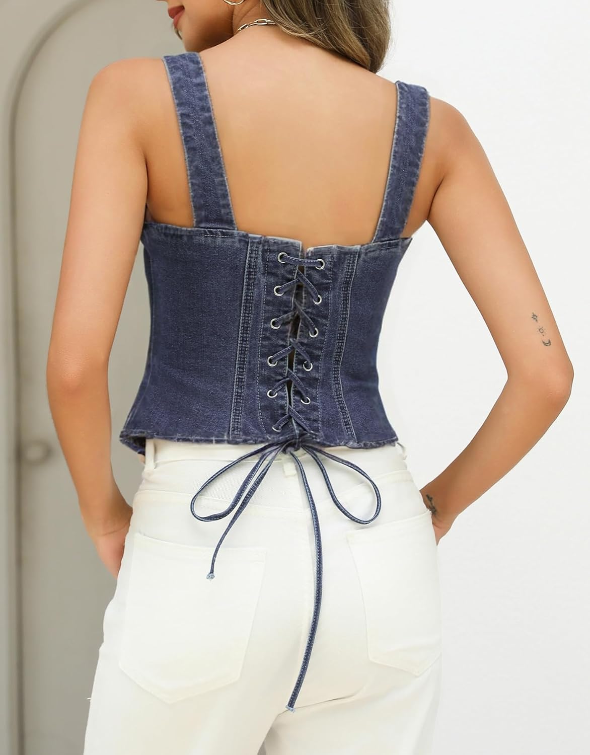 Ladyful Denim Corset Top for Women Square Neck Jean tank Tube Top Back Tie Spaghetti Strap Crop Denim Vest Cami - Image 6