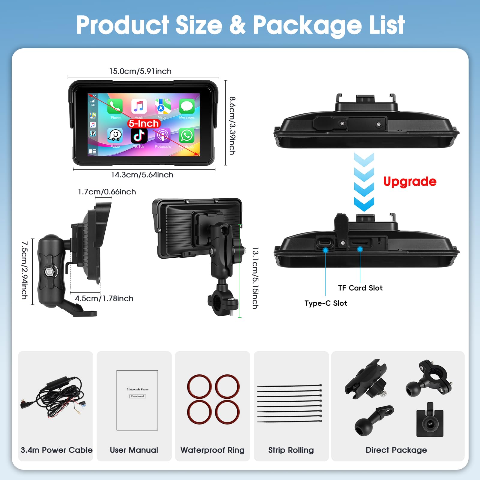 A-pple CarPlay Display Moto Android Auto IP68 Touchscreen HD 5 Pollici Autoradio Portatile Navigazione GPS Bluetooth Radio FM