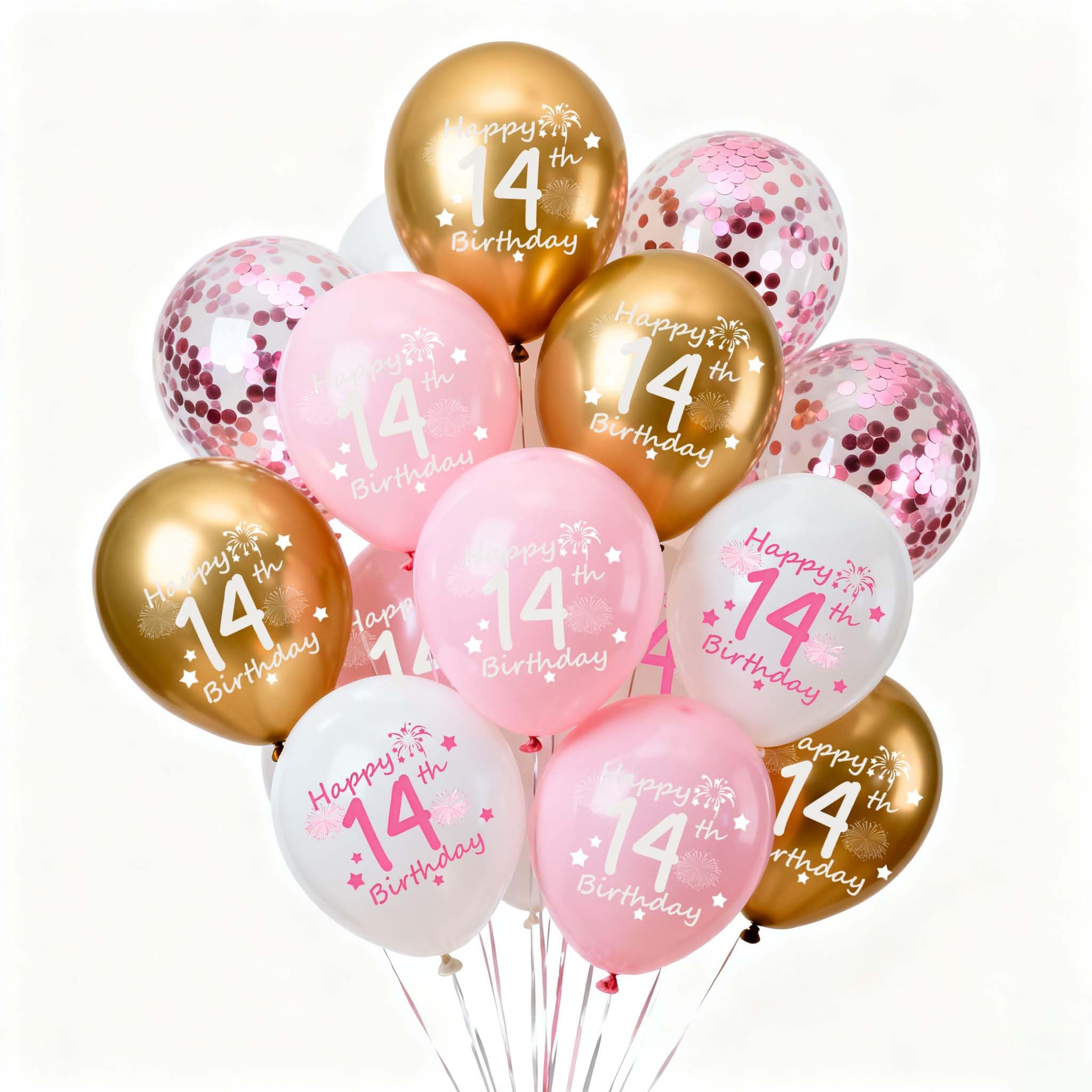 14th Birthday Balloons, Pack of 28 Pink White Metallic Gold Happy 14th Birthday Latex Confetti Balloons Ribbons Decorations Set for Girls Her Daughter Sweet 14 Years Old Party Supplies 12 Inches(14th)