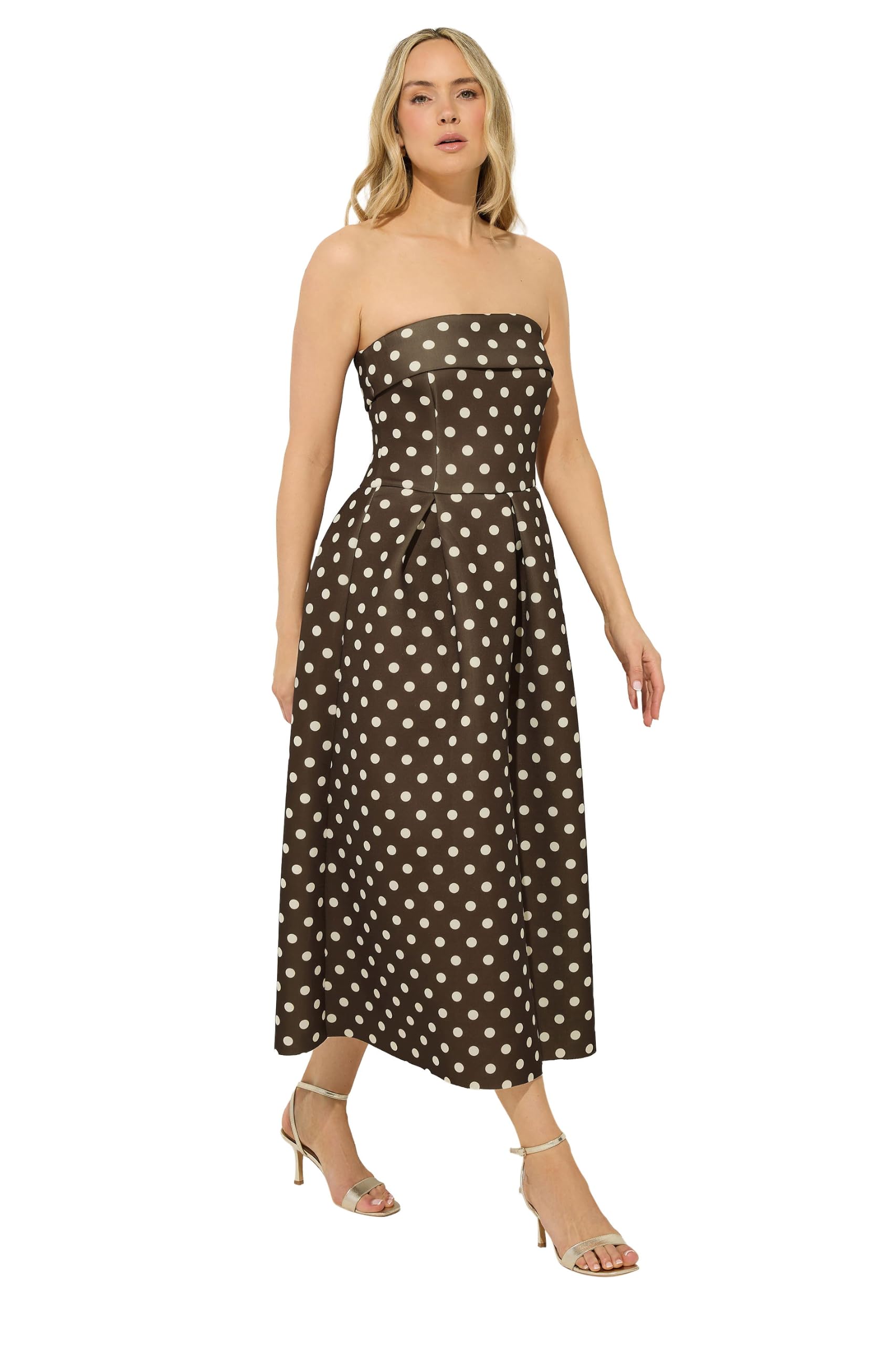 Lts Women's Brown Tall Chocolate Bandeau Polka Dot Pleated Midi Dress Size 14