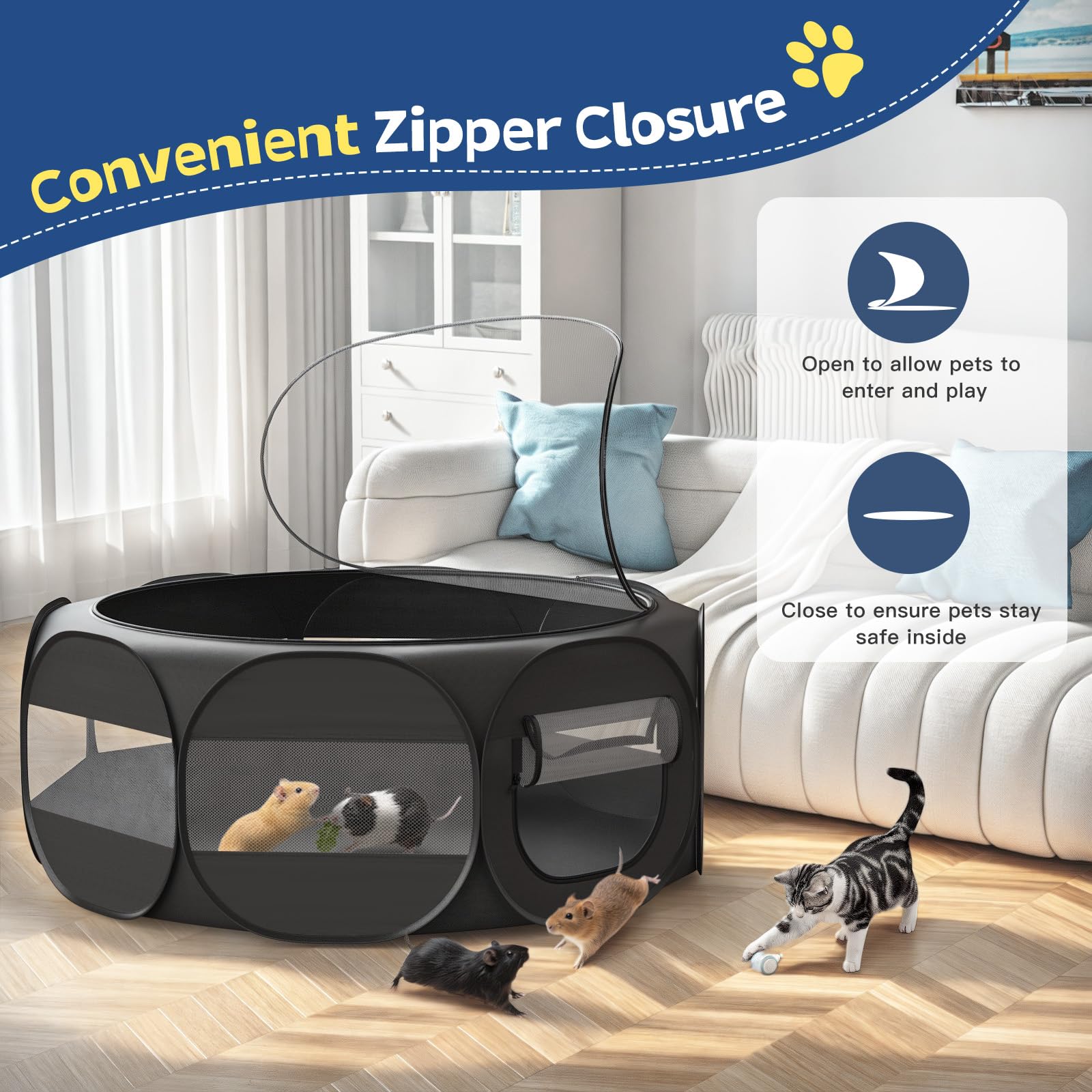 VavoPaw Box per Piccoli Animali, Tenda per Gatti Traspirante con Copertura a Cerniera Rimovibile e Base Impermeabile, Recinto Portatile per Cuccioli, Gattini, Conigli, Uso Interno/Esterno, Nero