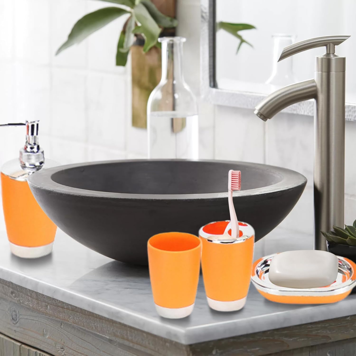 Bathroom Accessory Set 6Pcs Bathroom Soap Dispenser Set Includes Soap Dispenser & Dish Toothbrush Holder Trash Can Tumbler Toilet Brush Bathroom Set Toothbrush Holder Set Orange Bathroom Set