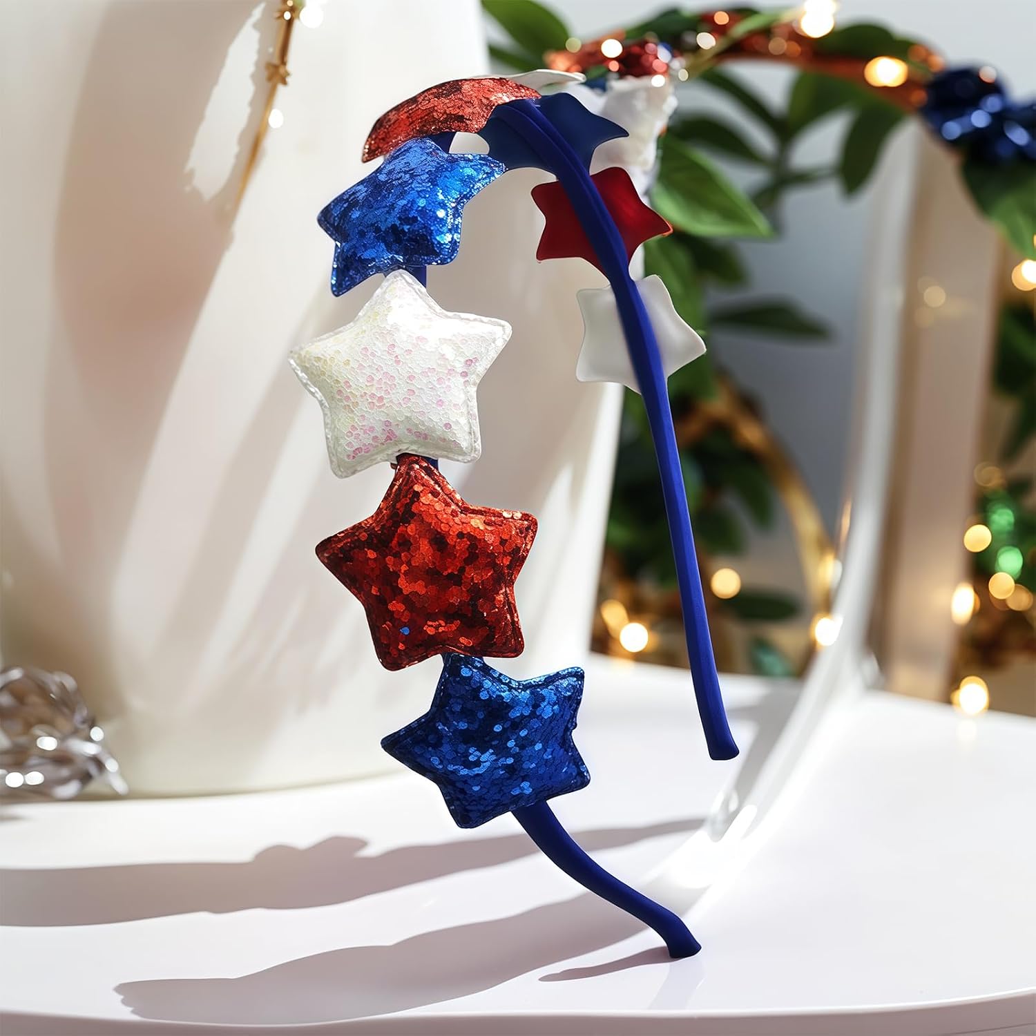 4th of July Stars Headband Glitter Bling Patriotic Headwear Hair Accessories American Flag Headband for Independence Day Red White and Blue Hairband for Women Holiday Supplies