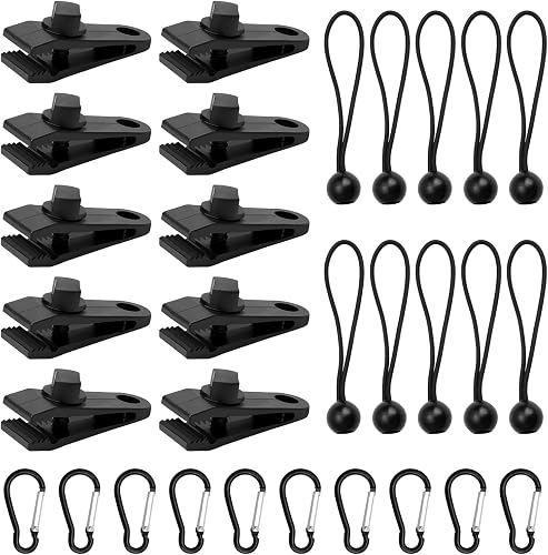 30 Pieces Tarp Clips Set, 10 Heavy Duty Tarp Clips with 10 Tent Bungees Cords and 10 Carabiner Clips for Camping Tents Cover, Black