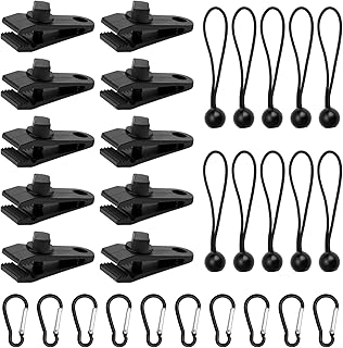 30 Stück Tarp Clips Set, 10 Heavy Duty Tarp Clips mit 10 Zelt Bungees Schnüre und 10 Karabiner Clips für Camping Zelte Abdeckung, schwarz