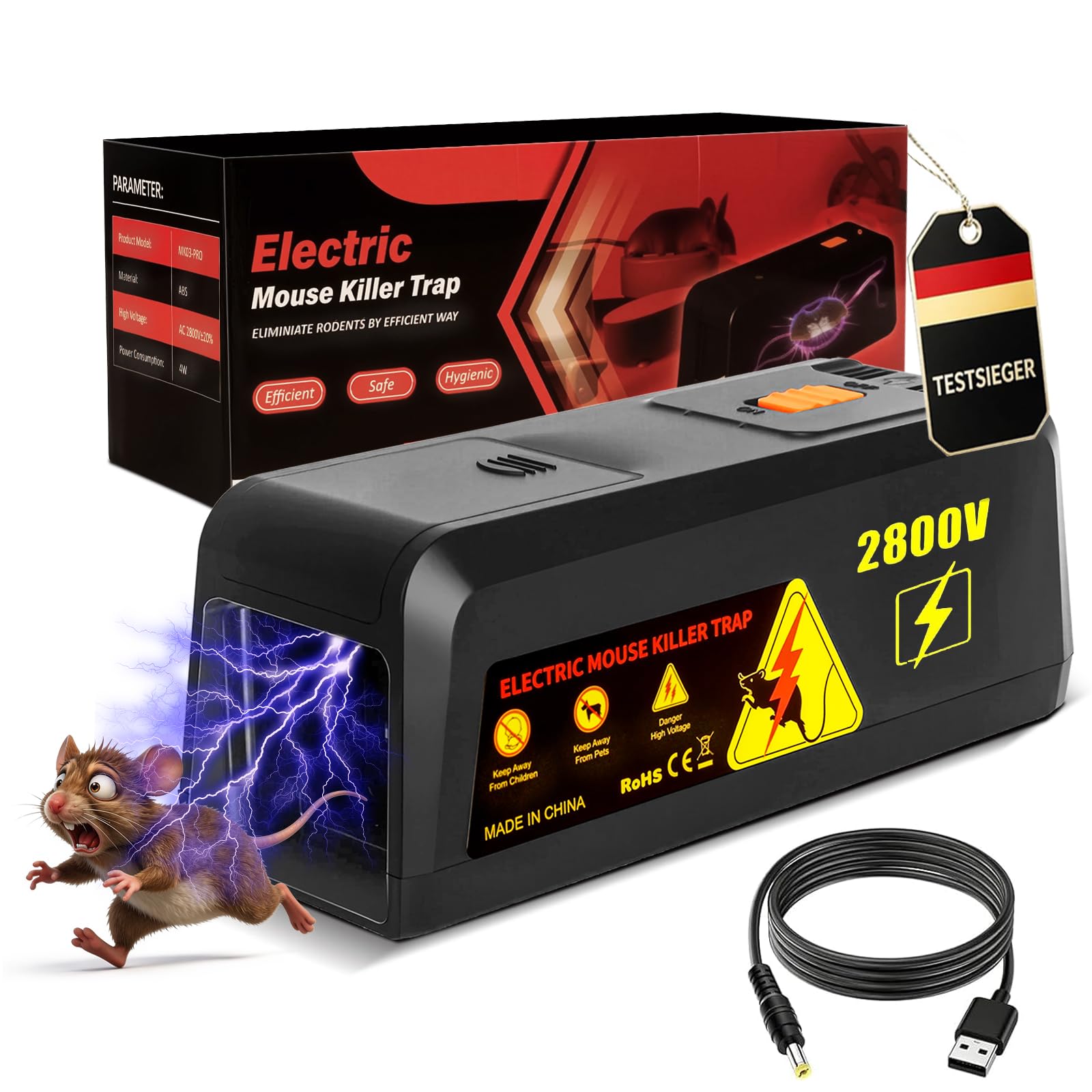 Rattenfalle Elektrisch, Electric Rat Trap, Elektrische Mausefalle mit Großem Einlass, High Voltage 2800 V für Mäuse und Ratten, Sofortige und Schmerzlose Bekämpfung, Wiederverwendbar