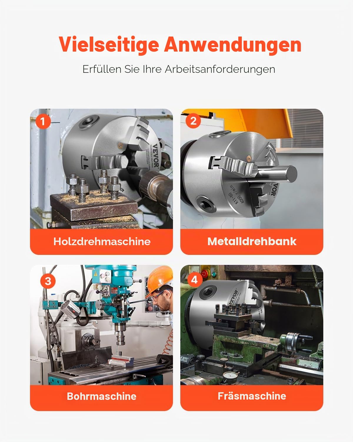 VEVOR 3-Backen-Drehfutter, 80 mm, selbstzentrierendes Spannfutter, 2-63 mm Spannbereich mit T-Schlüssel-Befestigungsschrauben, umkehrbare Backen, HT300-Material, für Holz-Metall-Drehmaschine
