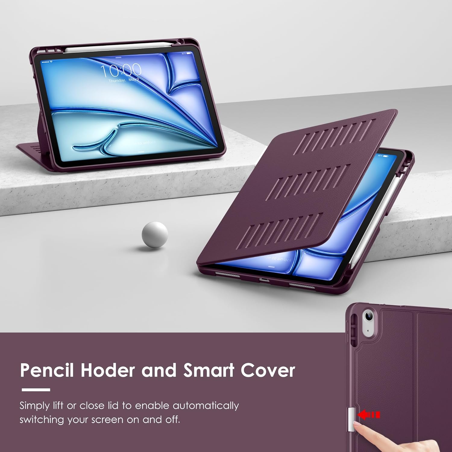 VIKESI Case for iPad Air 11-inch with M4/M3/M2 Chip 2026/2025/2024 and for iPad Air 5th/4th Gen 10.9 Inch 2022/2020,Multiple Angles Stand Cover,Soft Back,Pencil Holder,and Auto Sleep/Wake,Dark Purple