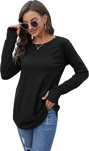 Miniatura 4 de Fisoew - Tops de manga larga casuales para mujer, con cuello redondo, dobladillo redondo, camisetas holgadas, estilo túnica, con orificios para el