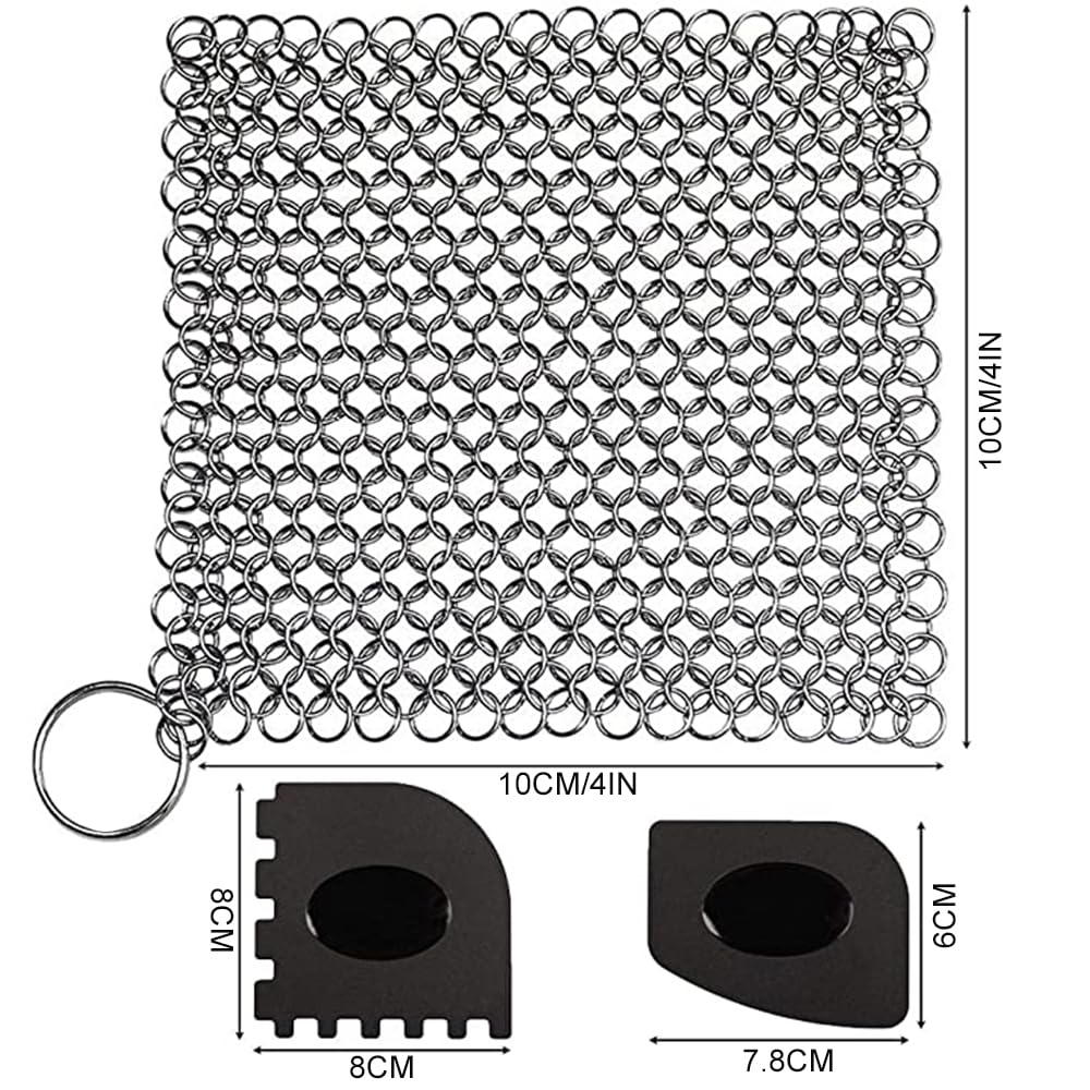 Ringreiniger Dutch Oven, Gusseisen Reiniger, Grill Bürste Reinigungsset, 316 Edelstahl Kettenschrubber, Topfreiniger mit Schaber, BBQ Dutch Oven Zubehör für Gusseisen Pfannen, Töpfe, Grillpfannen,Woks
