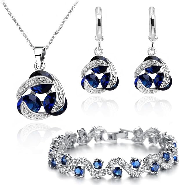Crystalline Azuria Women 18ct White Gold Plated Blue Simulated Sapphire Zirconia Crystals Jewellery Set Pendant Necklace 17.7 inches Earrings Bracelet