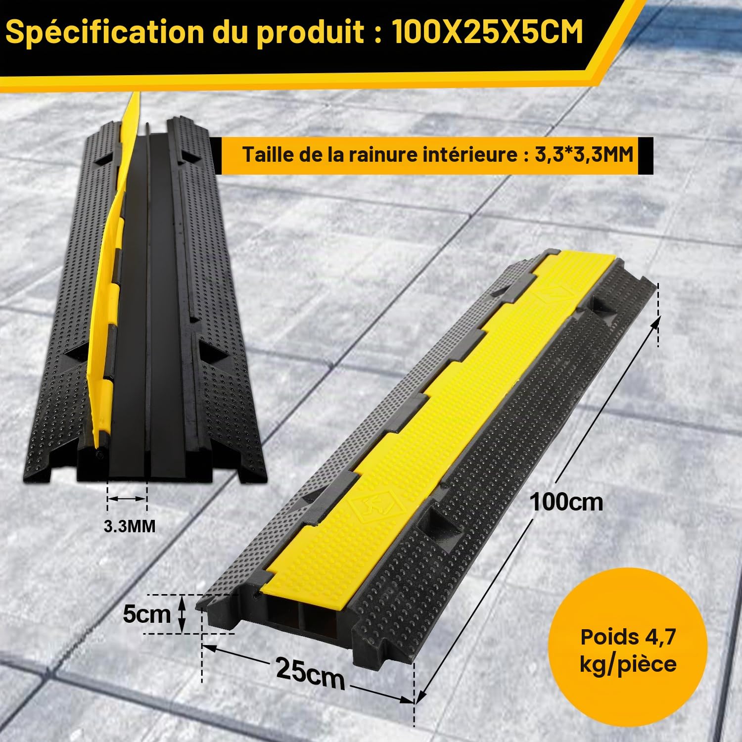 Lot de 3 passages de câbles à 2 canaux - 101 x 25 x 5 cm - Pont de câble en caoutchouc - Design modulaire - Pont de câbles - Protection contre les dépassements pour les câbles - Tapis de