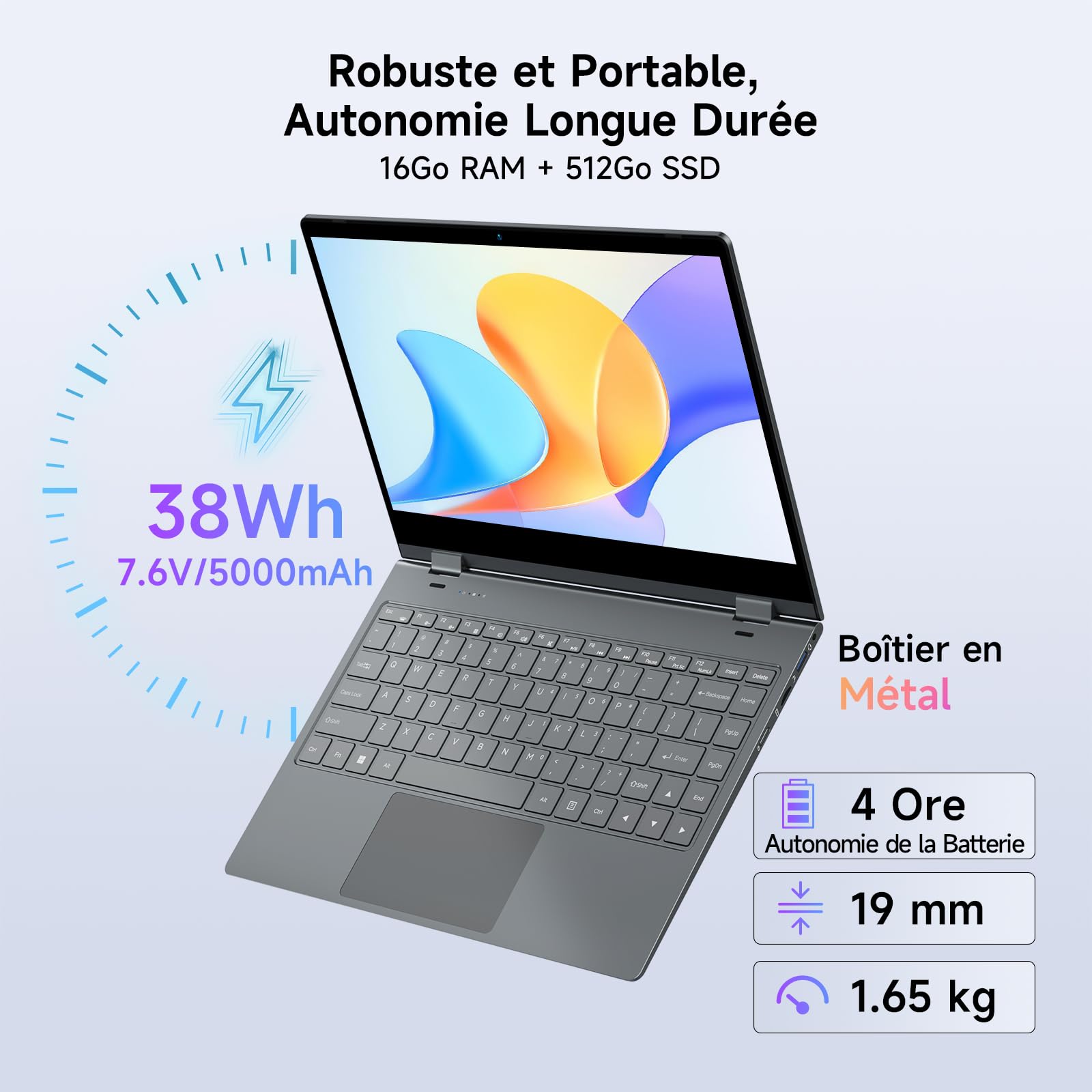 BMAX Ordinateur Portable 2 en 1 Intel N150 14" Écran Tactile 16Go RAM 512Go SSD Clavier Rétroéclairé Win11