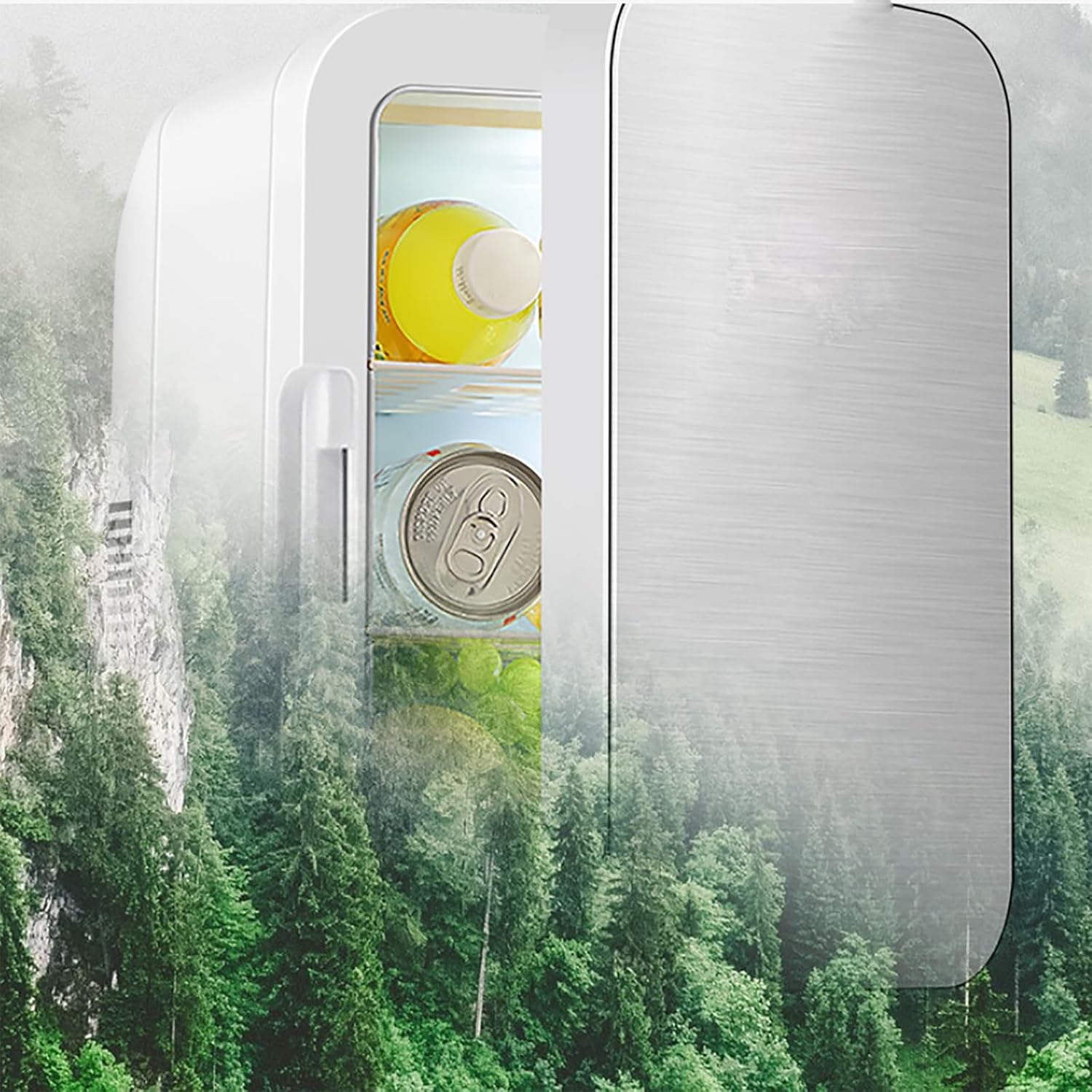 ERICAT Mini Fridge with a natural outdoor background, emphasizing its portability for travel and outdoor activities.